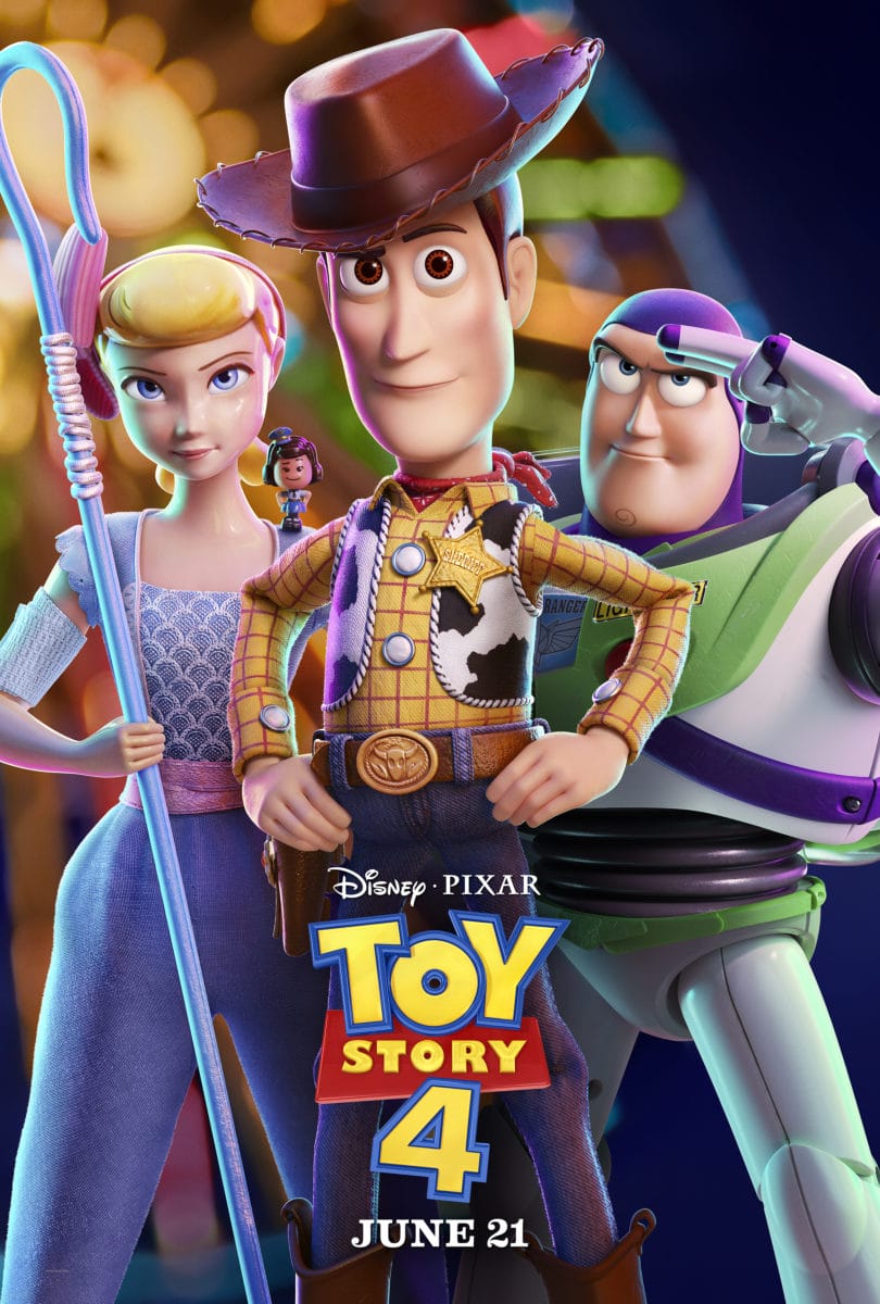 Woody, Bo Peep, and Buzz Lightyear—iconic Disney characters—pose together; "Toy Story 4" text at bottom.
