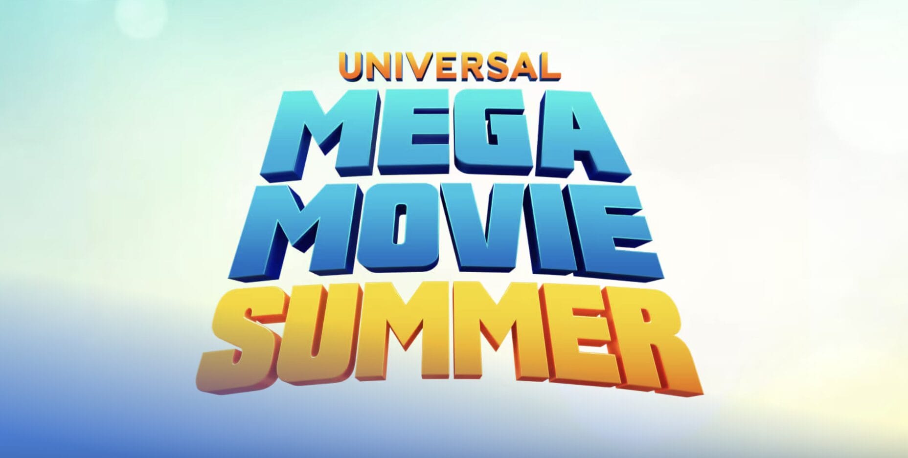 Bold 3D text reads "Universal Mega Movie Summer" against a light blue and yellow gradient background.