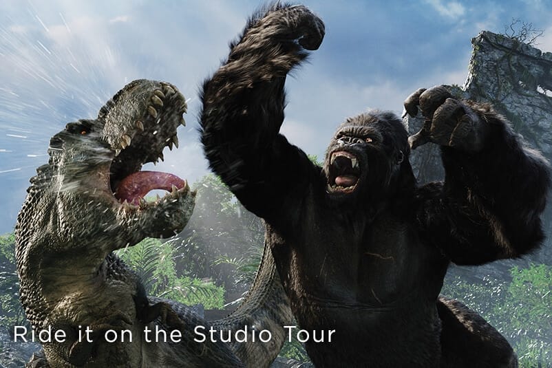 King Kong battles a huge dinosaur in the jungle—experience it in 360 3-D on the Universal Studios Studio Tour.