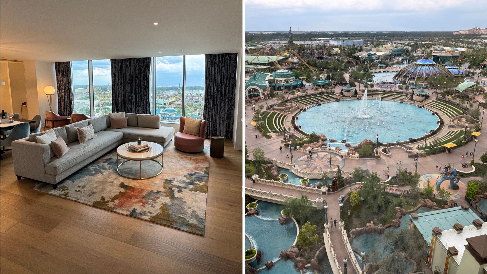 Split image: Helios Grand Hotel presidential suite with large windows on left; theme park with rides and fountains on right.