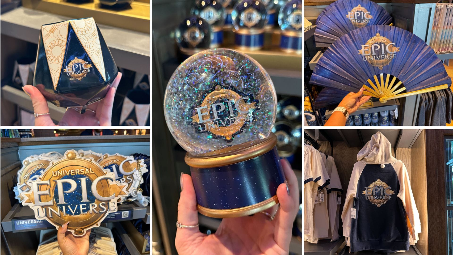 Collage of epic universe merchandise, featuring a globe, fan, hoodie, ornament, and sign with the park’s logo.