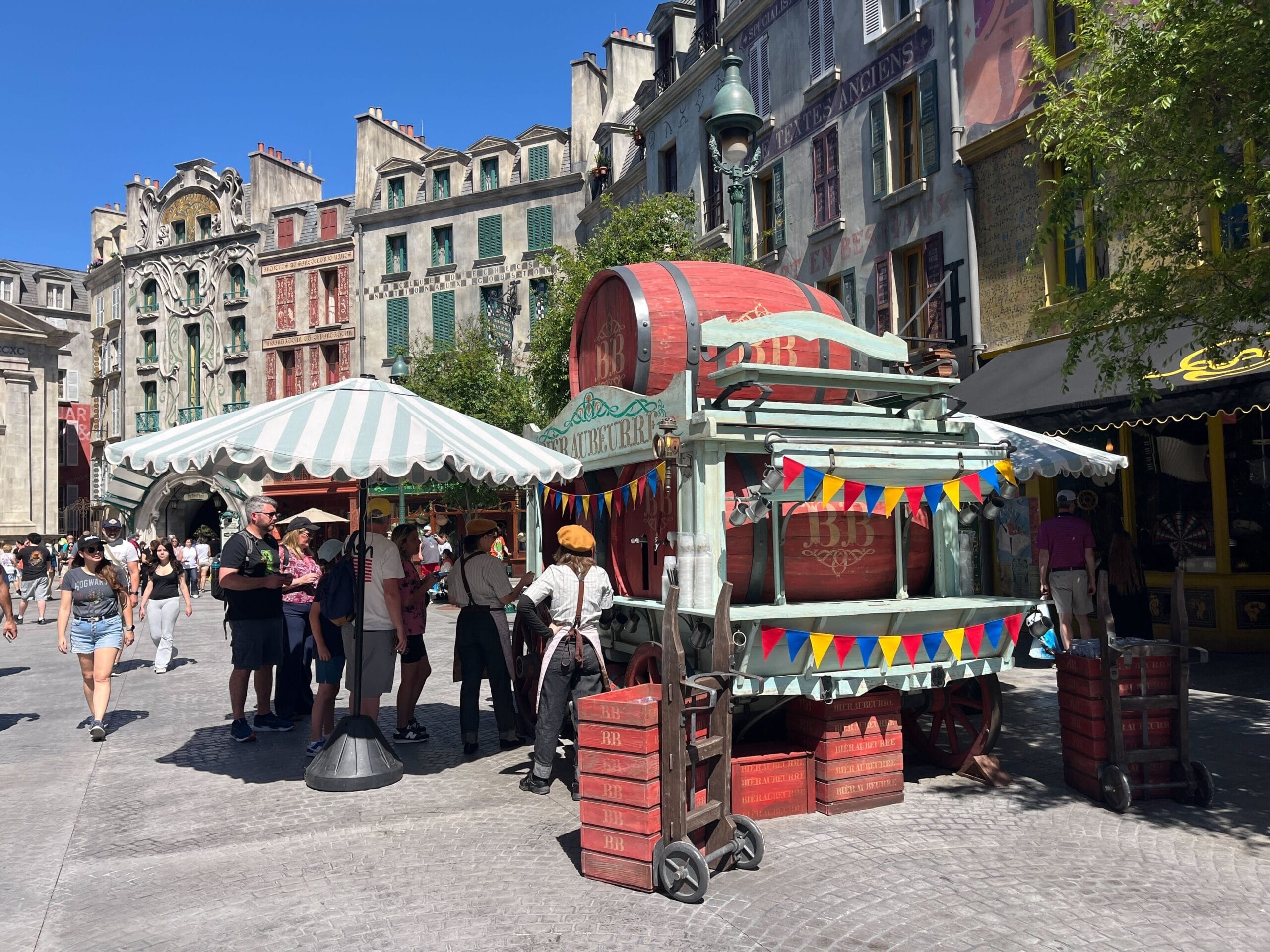 Outdoor market scene with a striped tent, lively crowd, and a Bièraubuerre Cart on a European-style street.