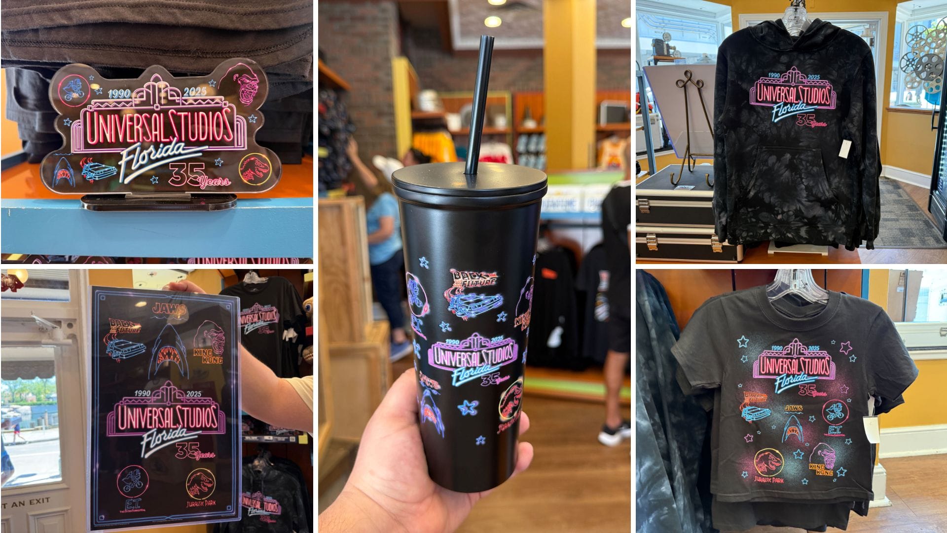Collage of Universal Studios Florida 35th anniversary merchandise, featuring shirts, a tumbler, a pin, and a framed print.