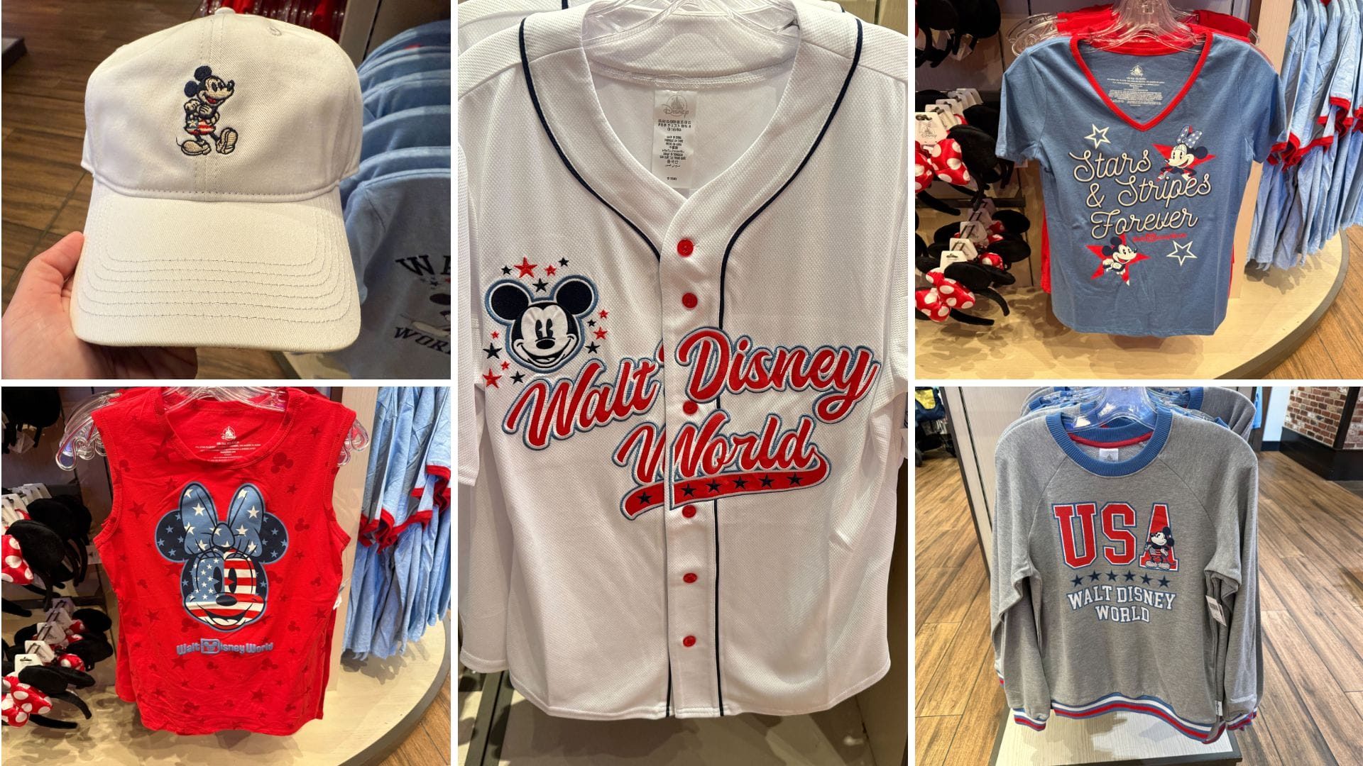 Various Walt Disney World-themed clothing, including 4th of July 2025 apparel with Mickey, Minnie, and patriotic designs.
