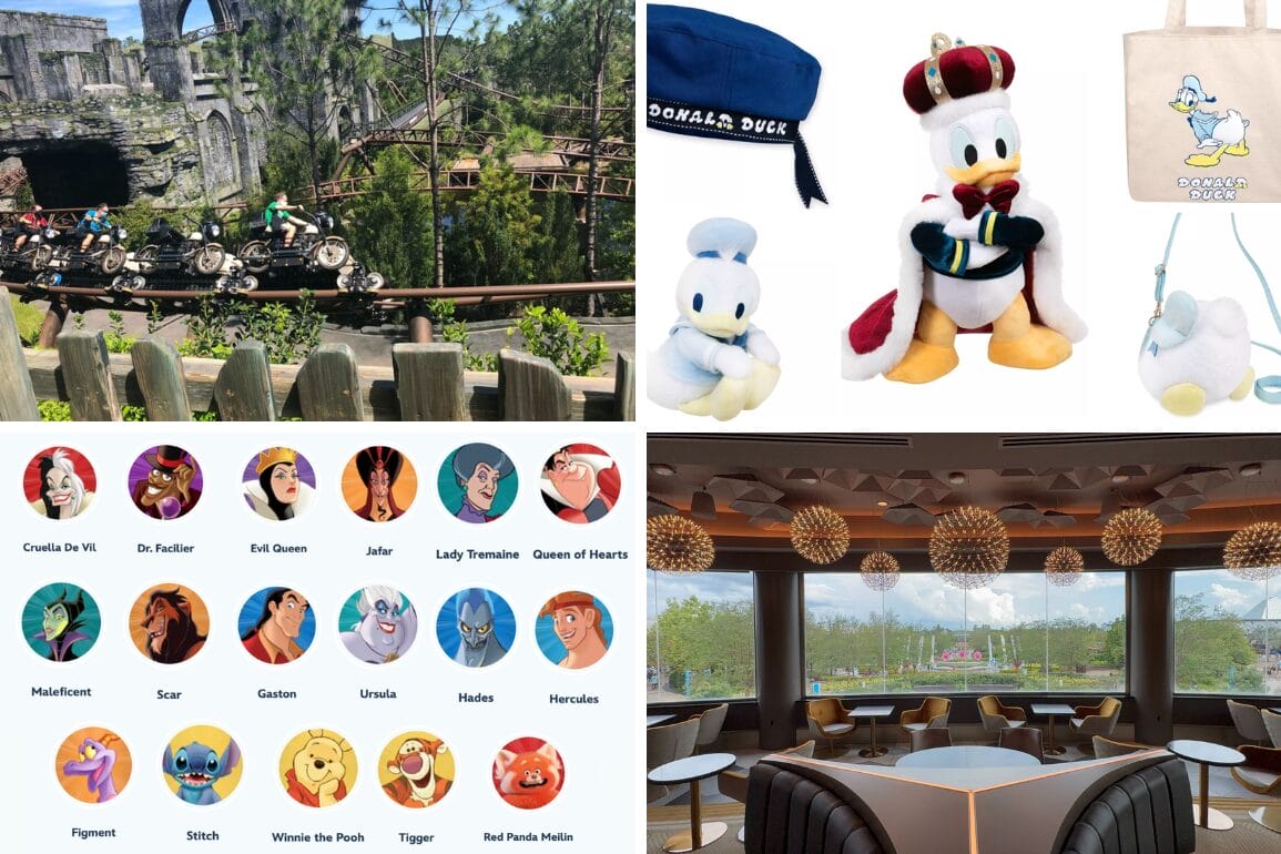 Daily Recap: Collage of Disney park rides, Donald Duck merchandise, character icons, and a modern restaurant interior.