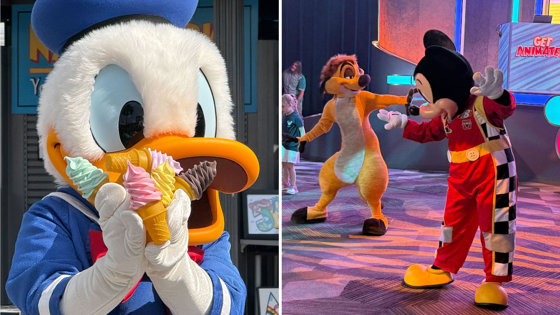 Donald Duck holding ice cream; Mickey Mouse and Timon get animated, dancing indoors at an animated event.