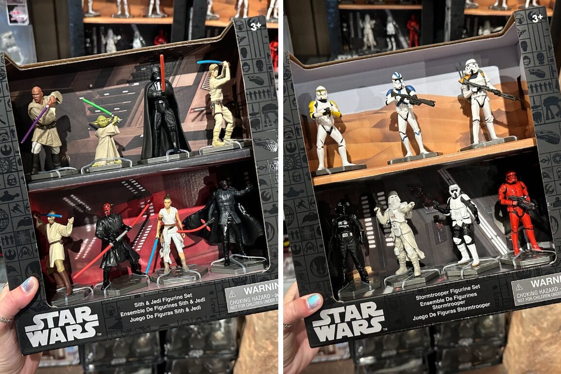 Two Star Wars collectible sets in boxes, each with six figurines from the series, displayed in a store.