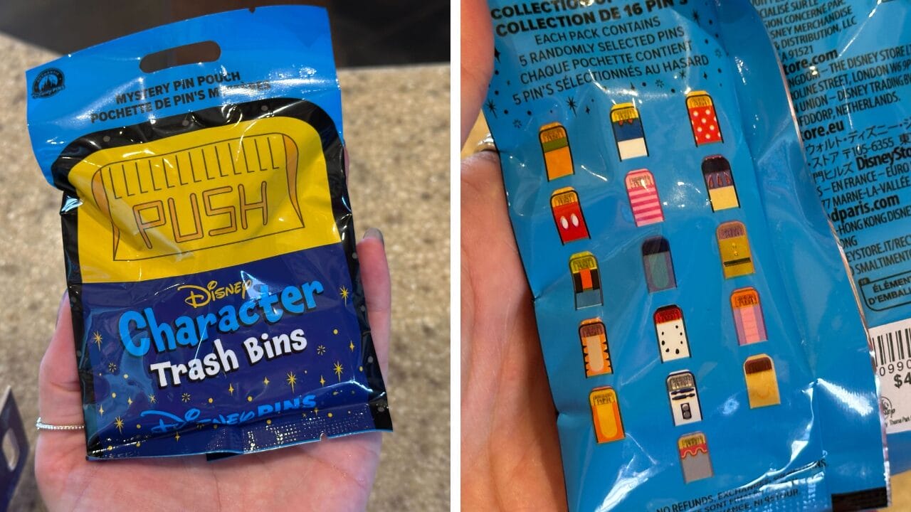 A hand holds a Character Trash Bins mystery pin pouch; back shows 16 colorful bin Mystery Pins to collect.