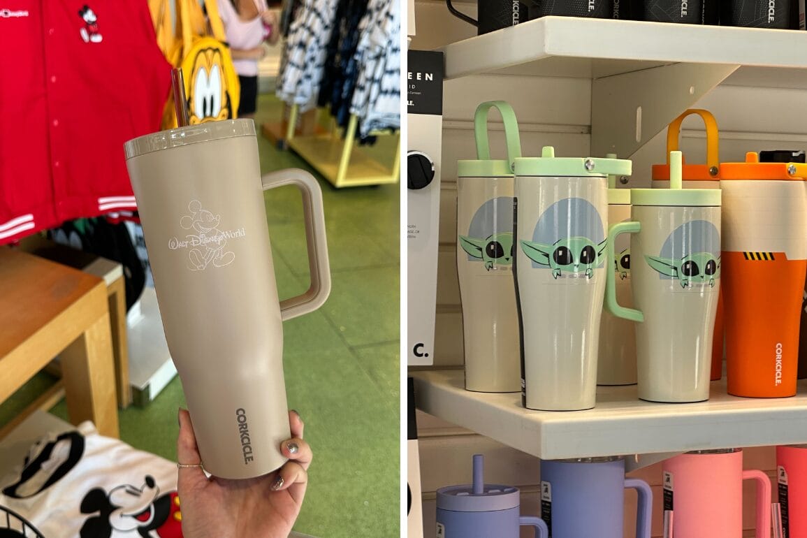 Left: Hand holding a tan Walt Disney World Corkcicle tumbler. Right: Corkcicle tumblers with Baby Yoda designs on a store shelf.