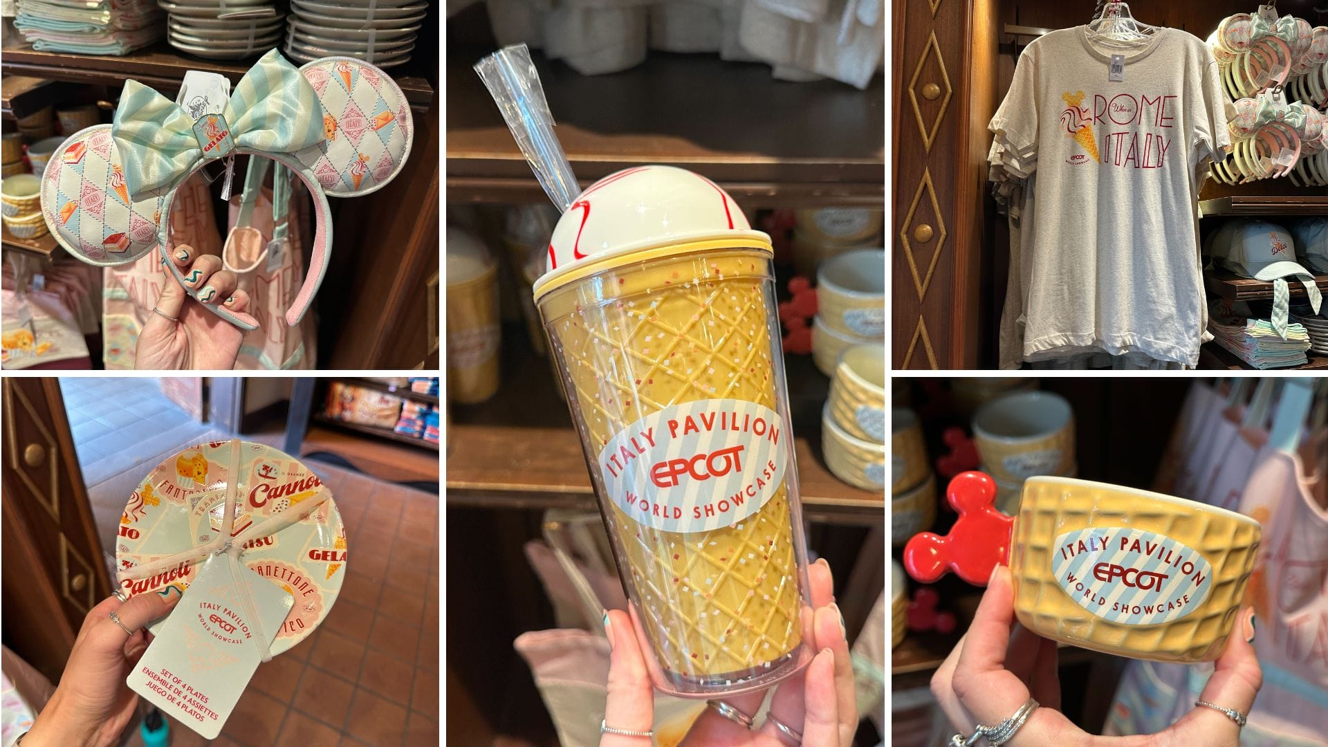 Collage of Italy Pavilion merchandise: Minnie ears, themed cup, dishes, T-shirt, and gelato bowl with a red handle.
