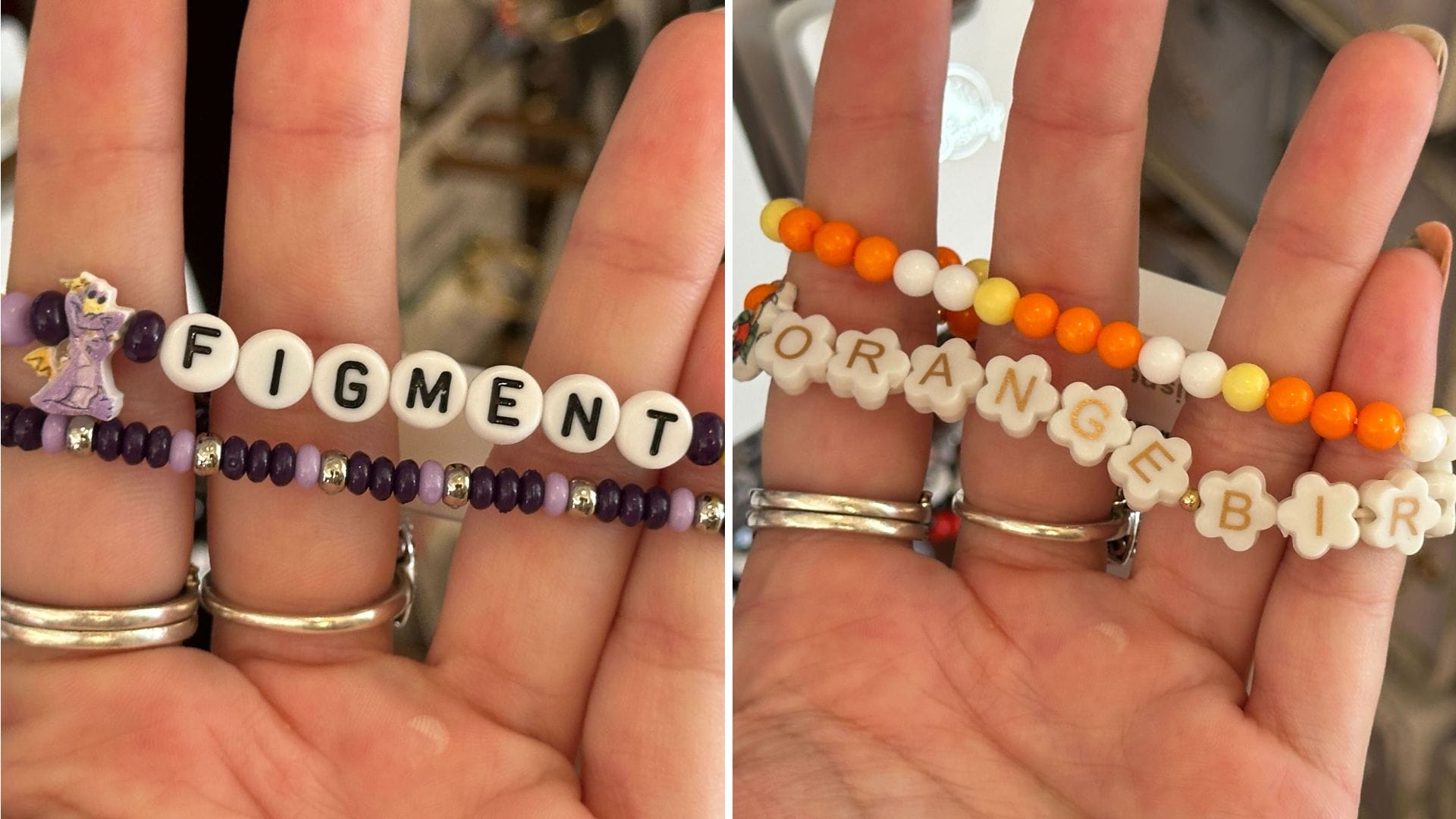 Two hands hold Walt Disney World bracelets; one reads "FIGMENT" with purple beads, the other "ORANGE BIRD" with orange beads.