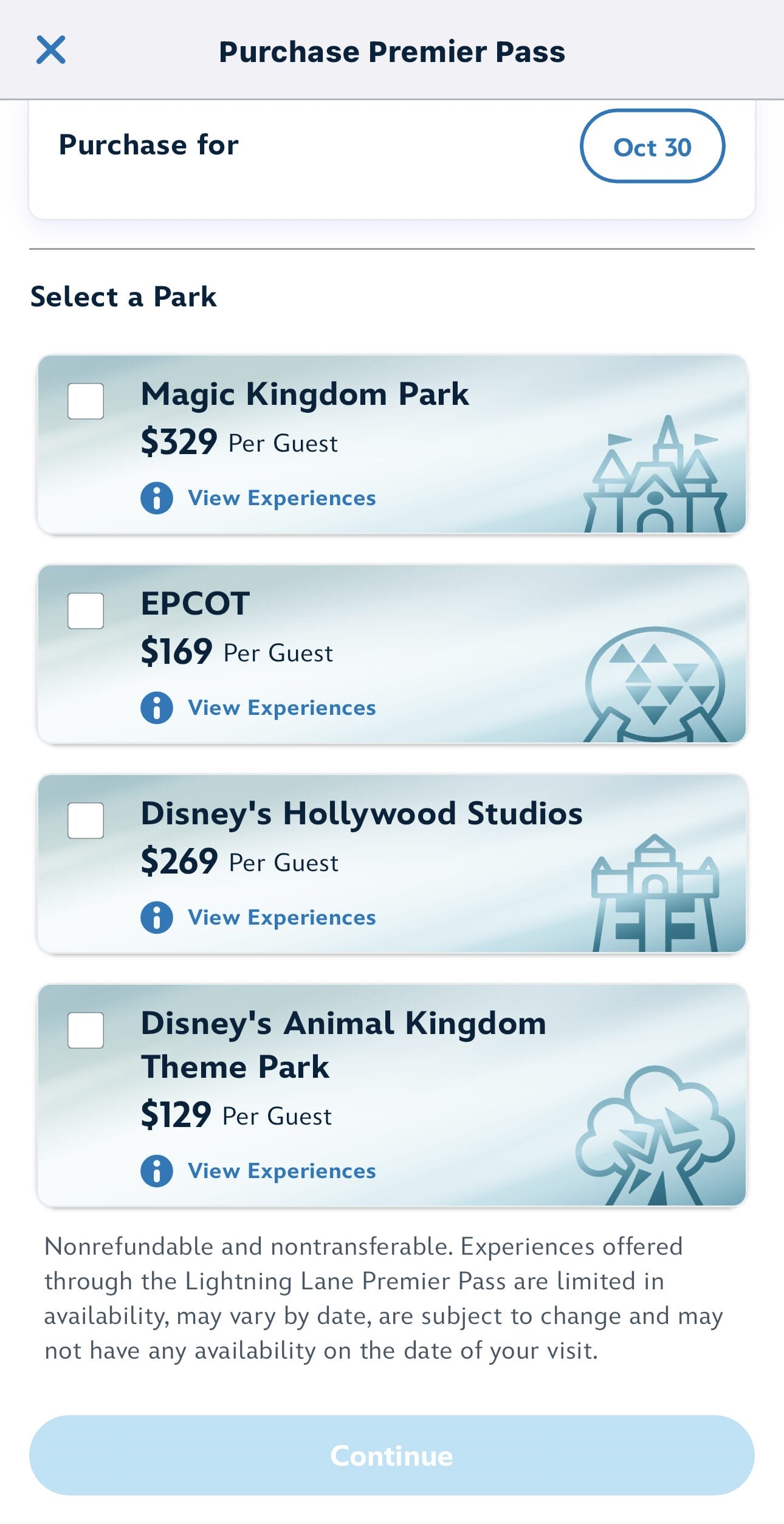 Purchase a Premier Pass with Lightning Lane access for Magic Kingdom, EPCOT, Hollywood Studios, and Animal Kingdom parks.
