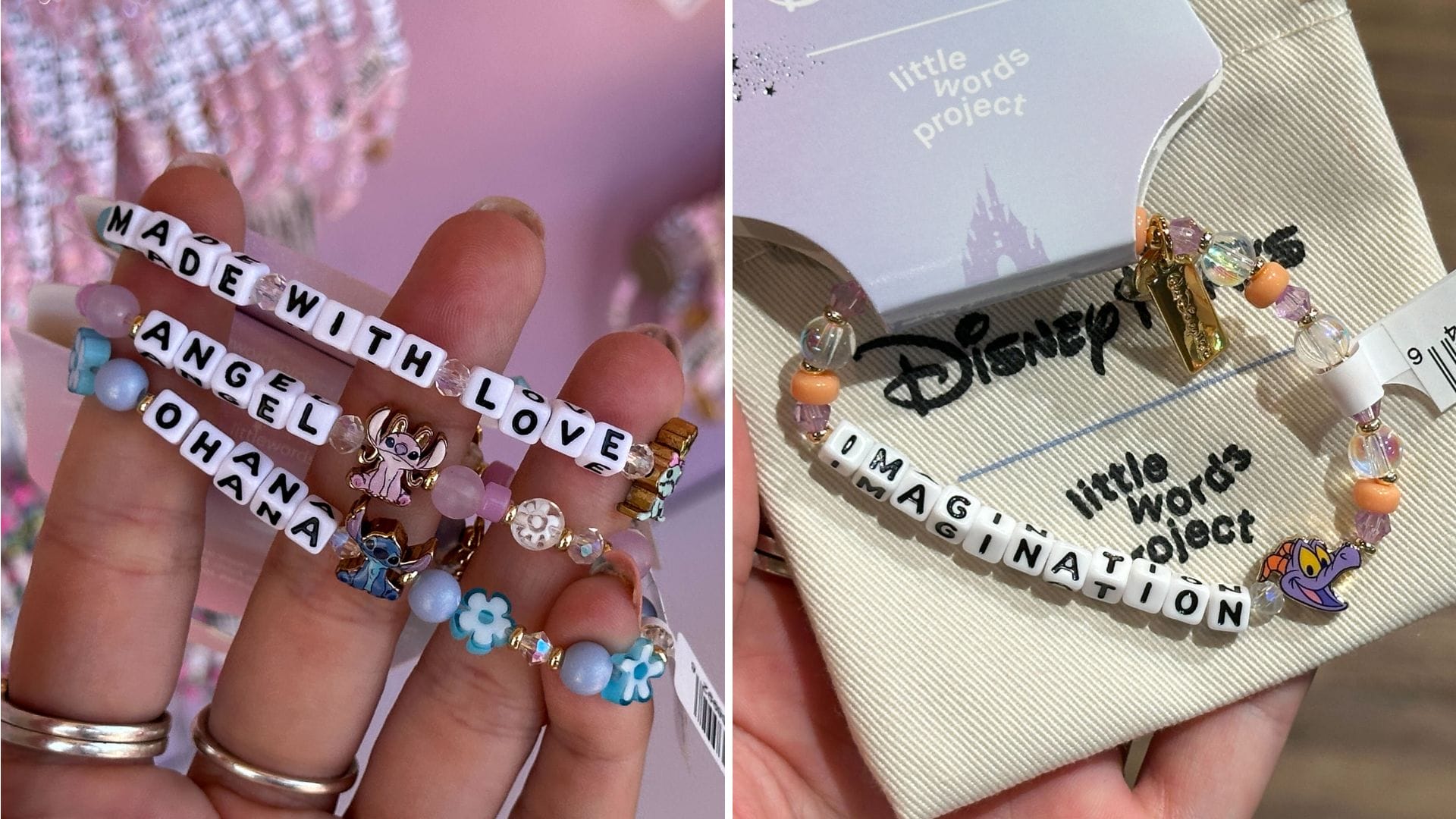 Two photos of beaded Stitch bracelets from Little Words Project with "OHANA" and "IMAGINATION" in block letters.