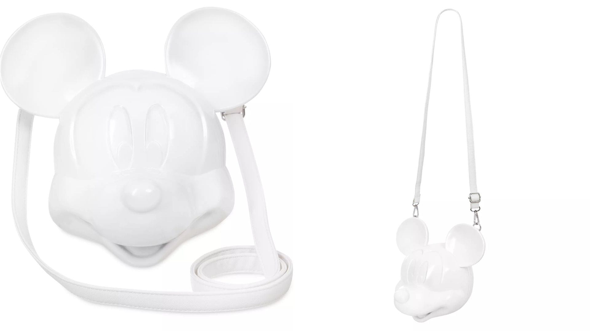 White crossbody bag shaped like a cartoon mouse head with large ears and a matching white strap.