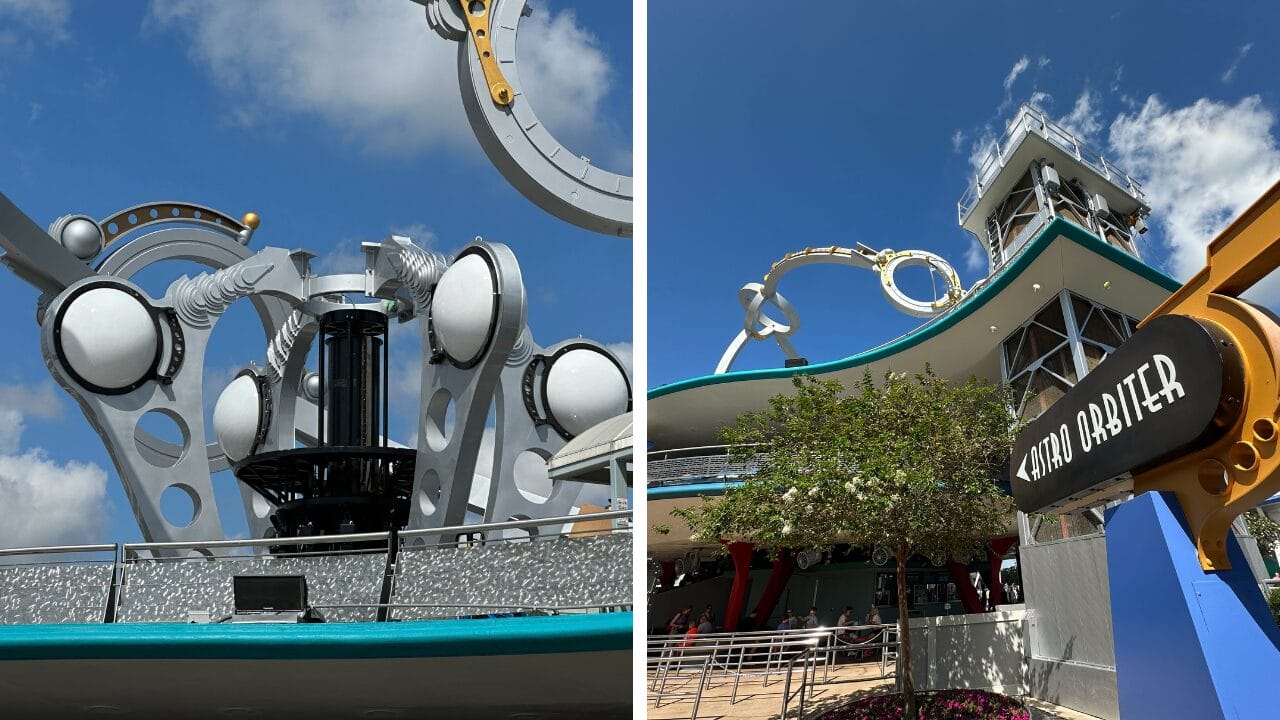 Futuristic metallic structures mark the entrance to Astro Orbiter at Magic Kingdom under a vivid blue sky.
