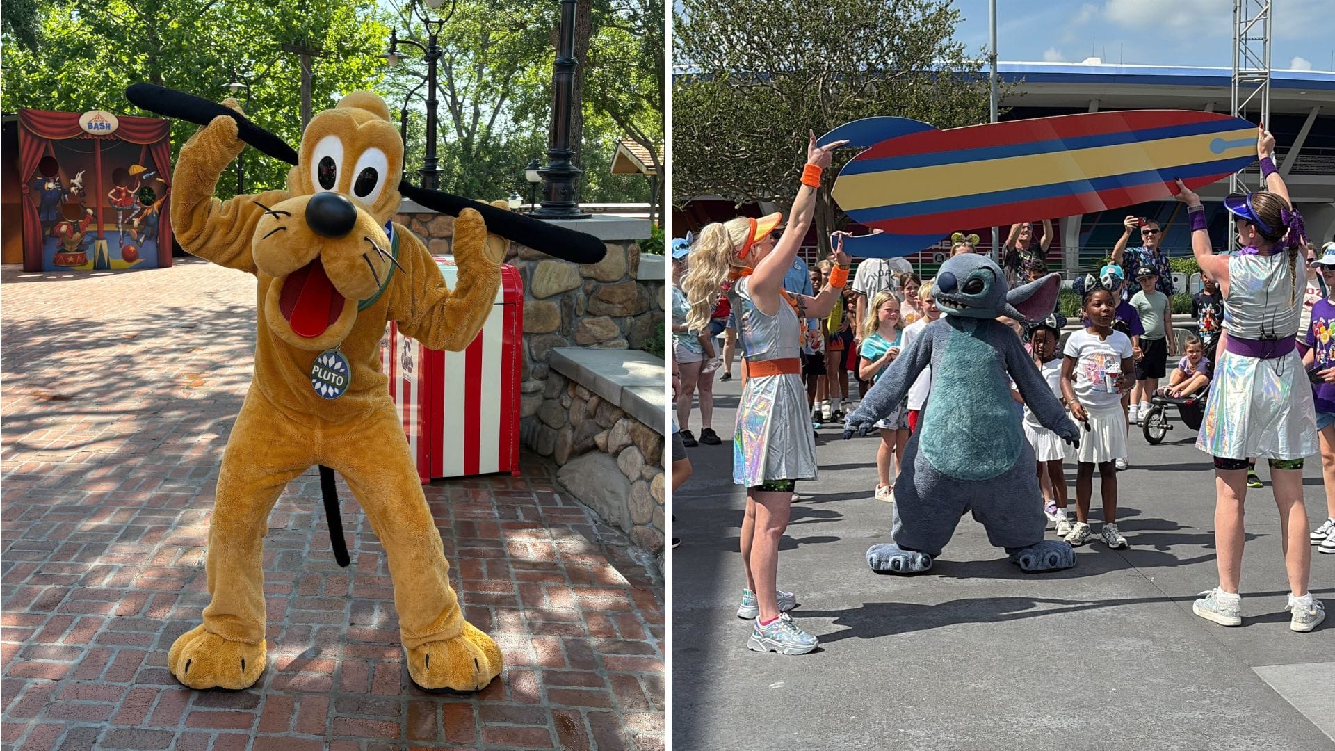 Pluto and Stitch hold surfboards at a lively Magic Kingdom DJ dance party with crowds enjoying the fun.