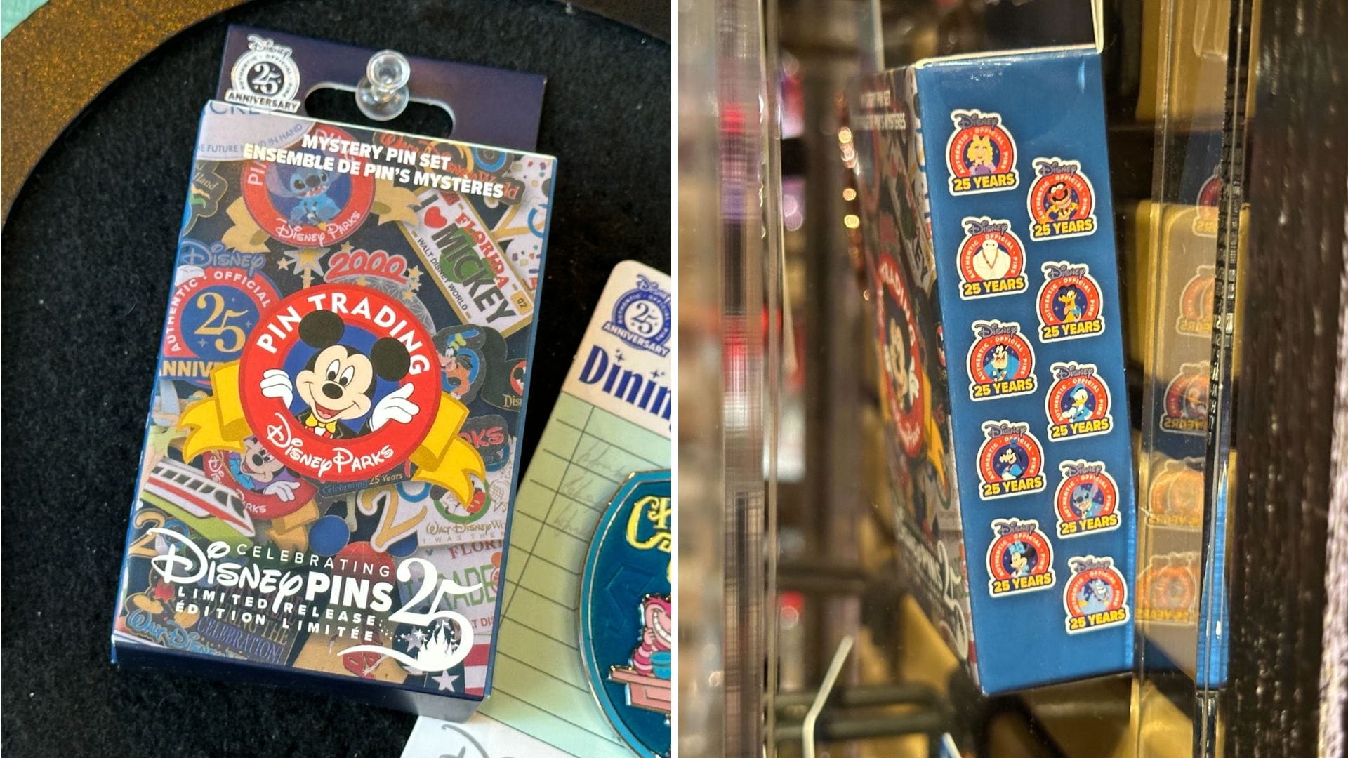 A Disney Pin Trading 25th Anniversary box with collectible pins visible through clear packaging.