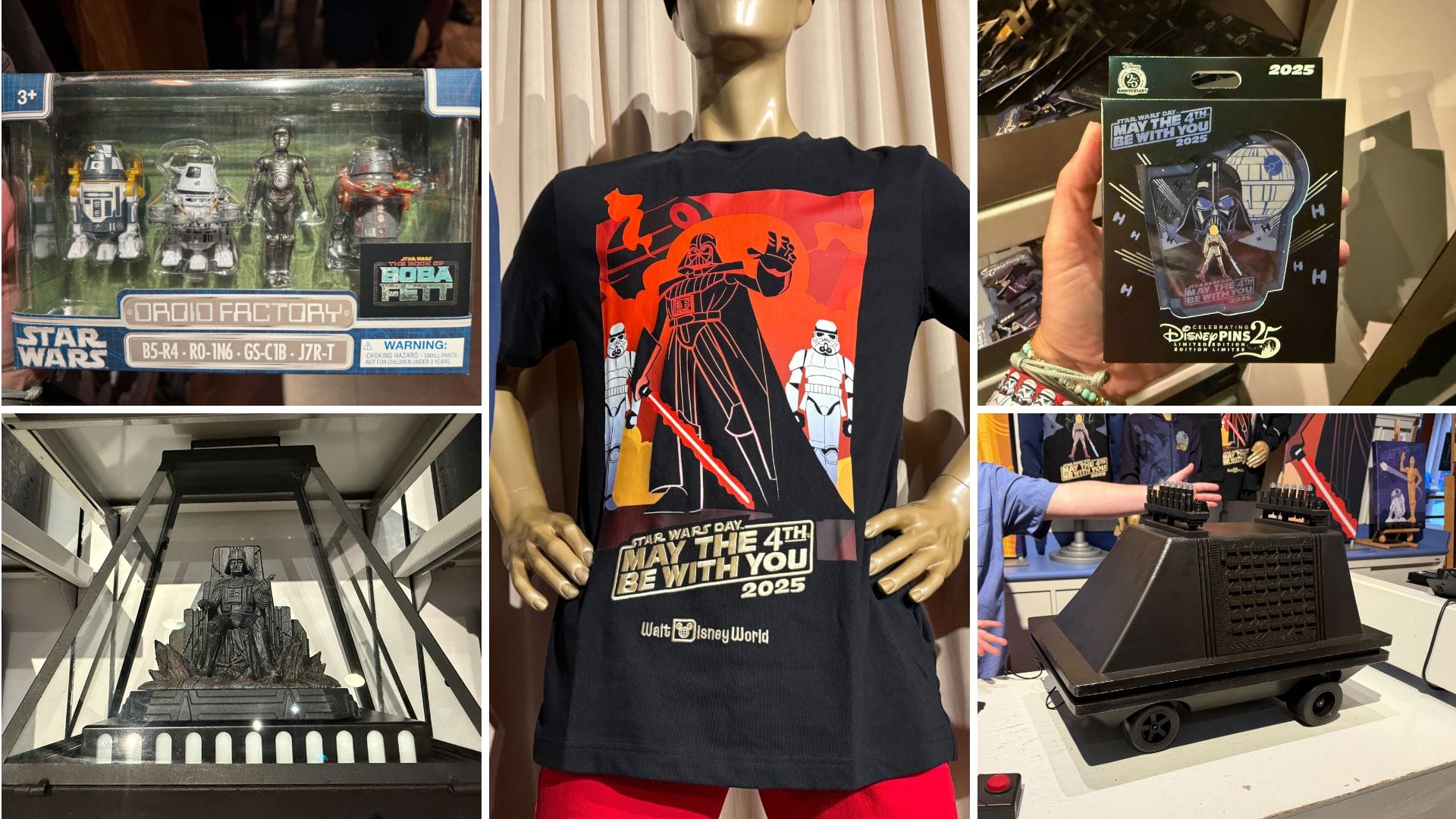 Collage of May the 4th merchandise: droids, Darth Vader tee, statuettes, and collectibles at Disney's Hollywood Studios.