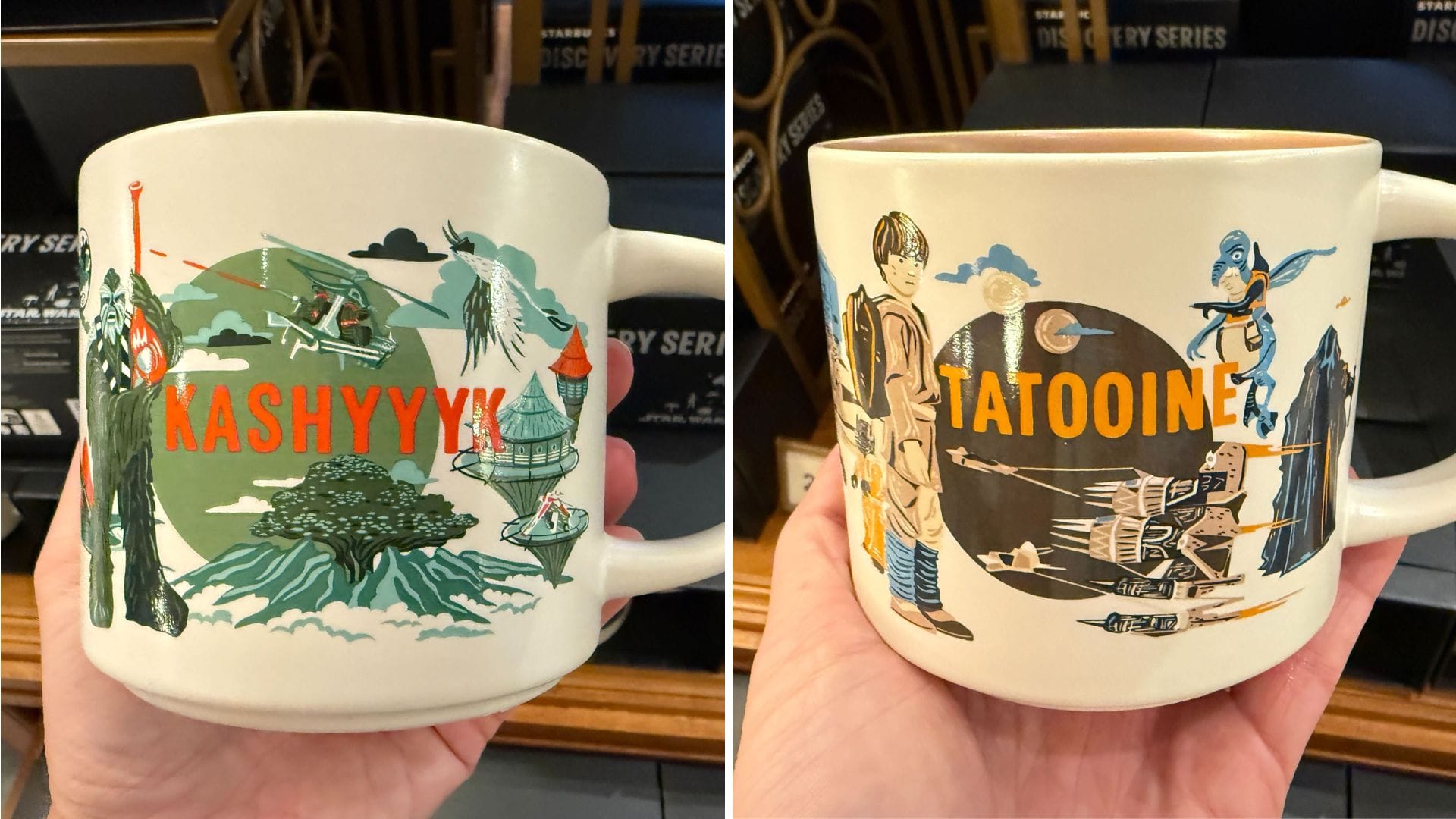 Two Star Wars Starbucks mugs: Kashyyyk’s forests and Tatooine’s desert scenes with iconic characters.