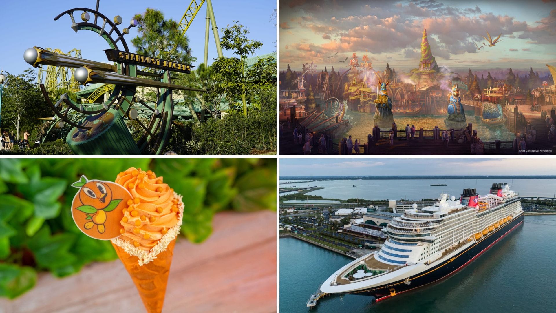 Collage of a roller coaster, magical parade, orange dessert cone, and the Stardust Racers cruise ship at port.