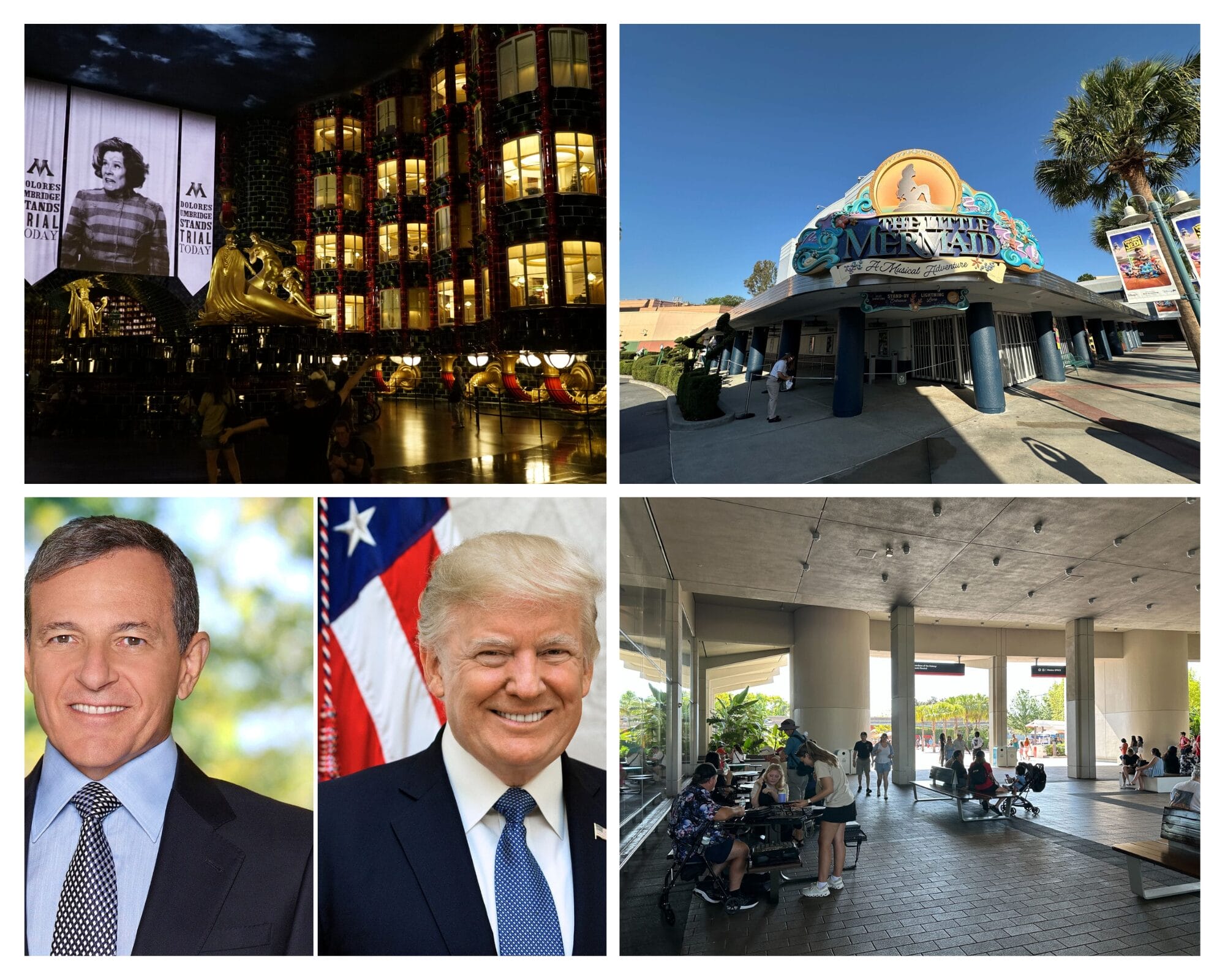 A collage of four images: a theater, The Little Mermaid ride, Universal Studios, and people in a waiting area.