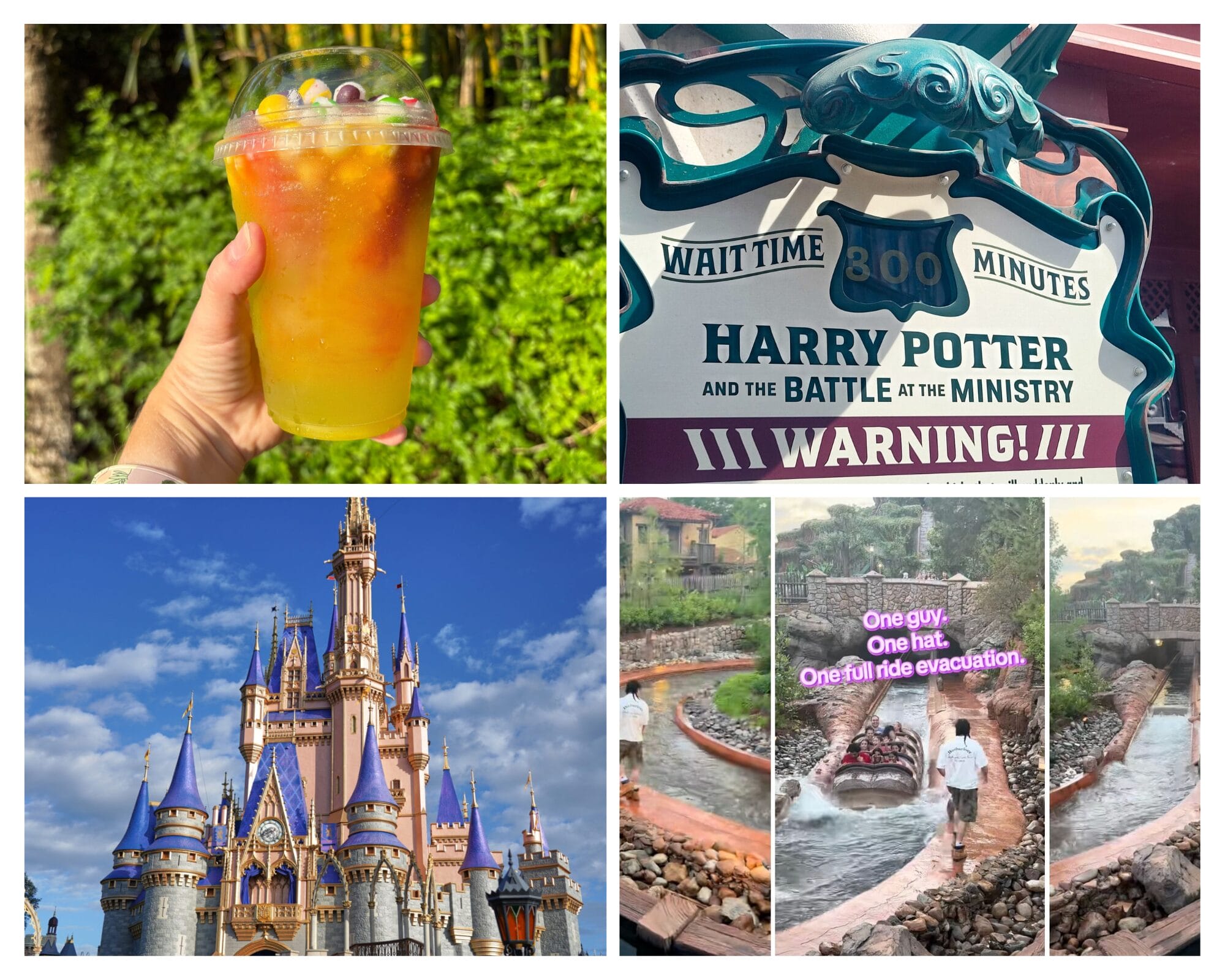 Daily recap: Four images—a colorful drink, Harry Potter ride sign, Cinderella Castle, and an empty water ride.