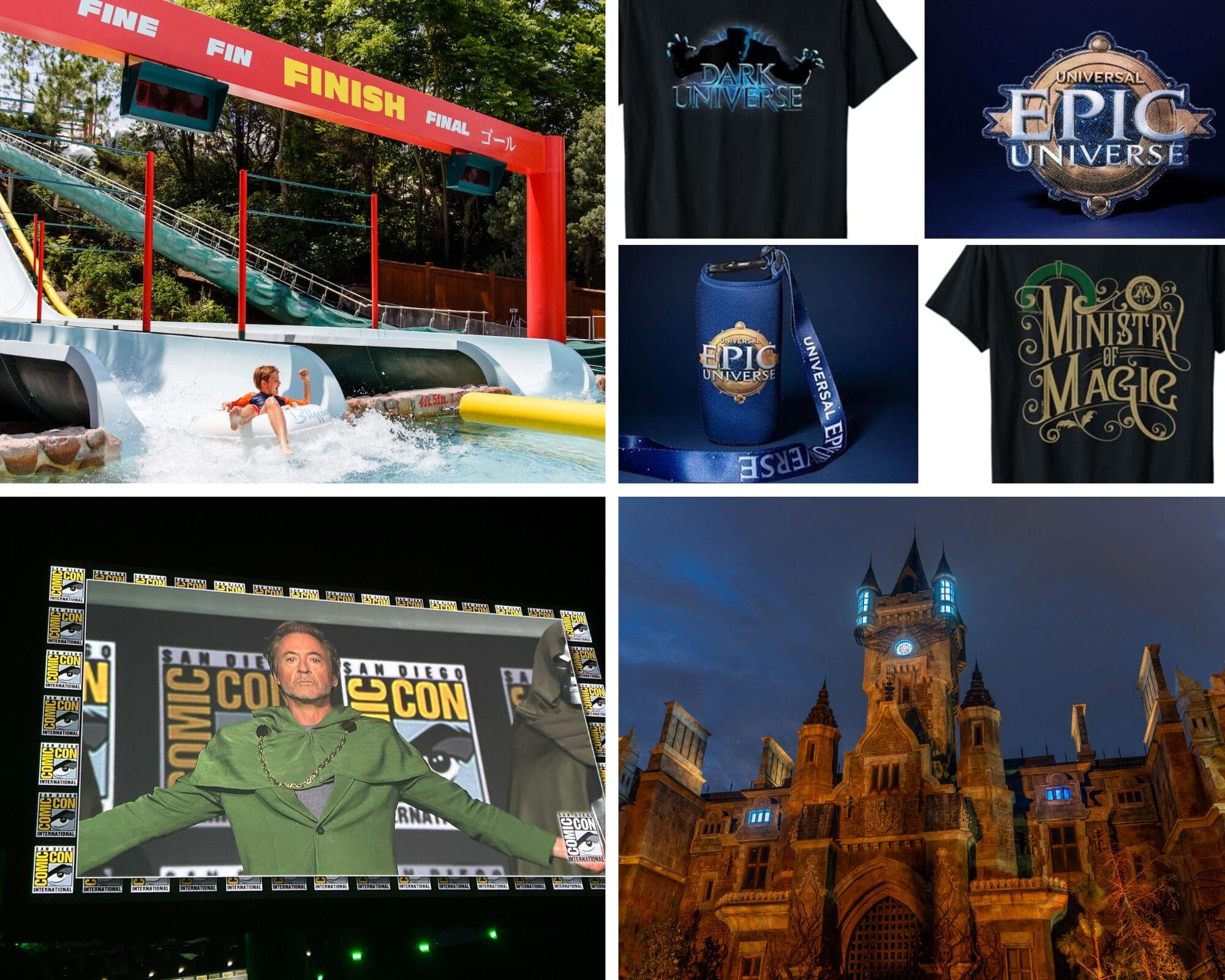 Collage of Epic Universe merch, theme park rides, Water Park Lawsuit news, a Comic-Con panel, and a castle at dusk.