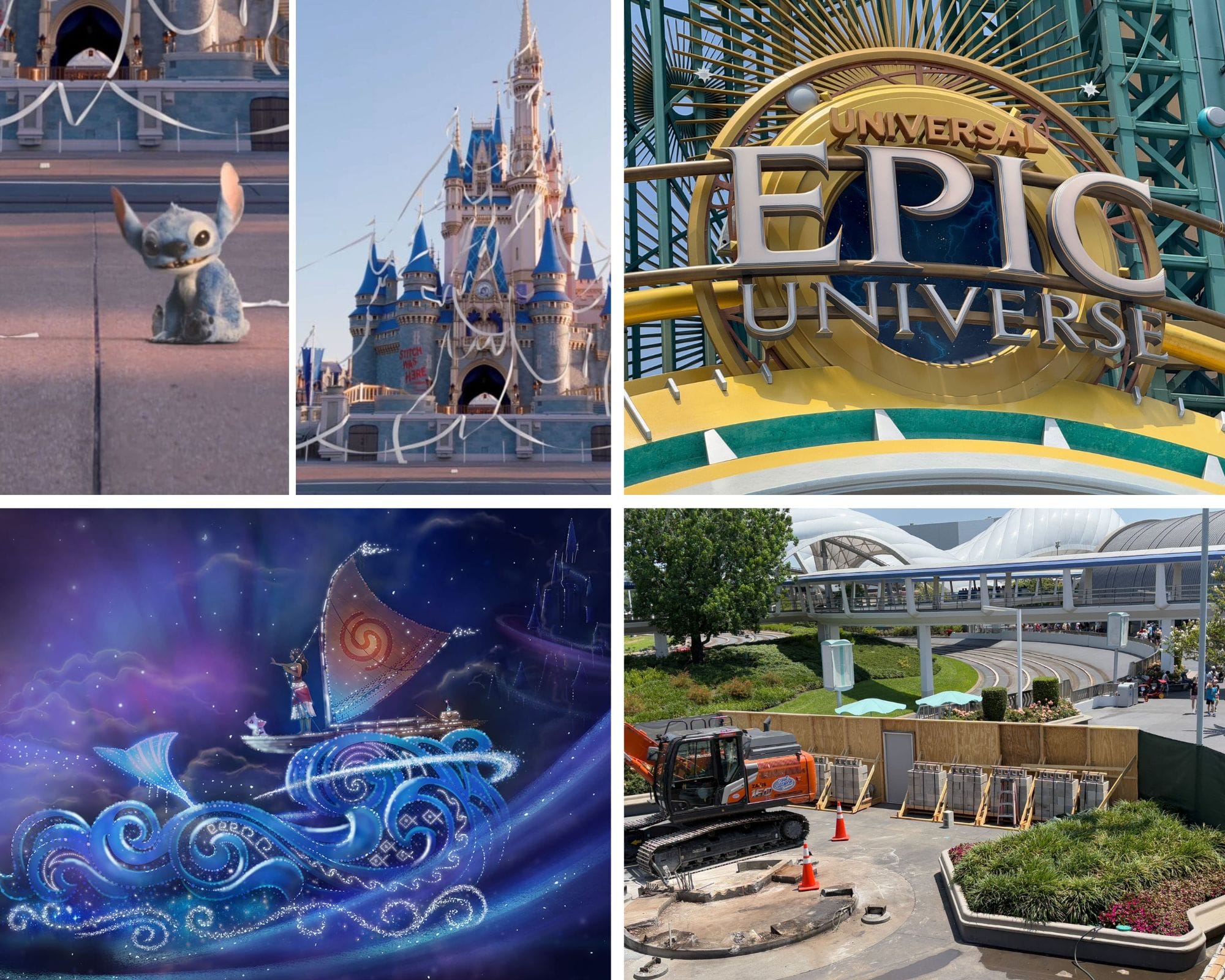 Daily Recap: Collage of Disney and Universal parks—Stitch, Cinderella Castle, Epic Universe sign, Moana scene, construction site.