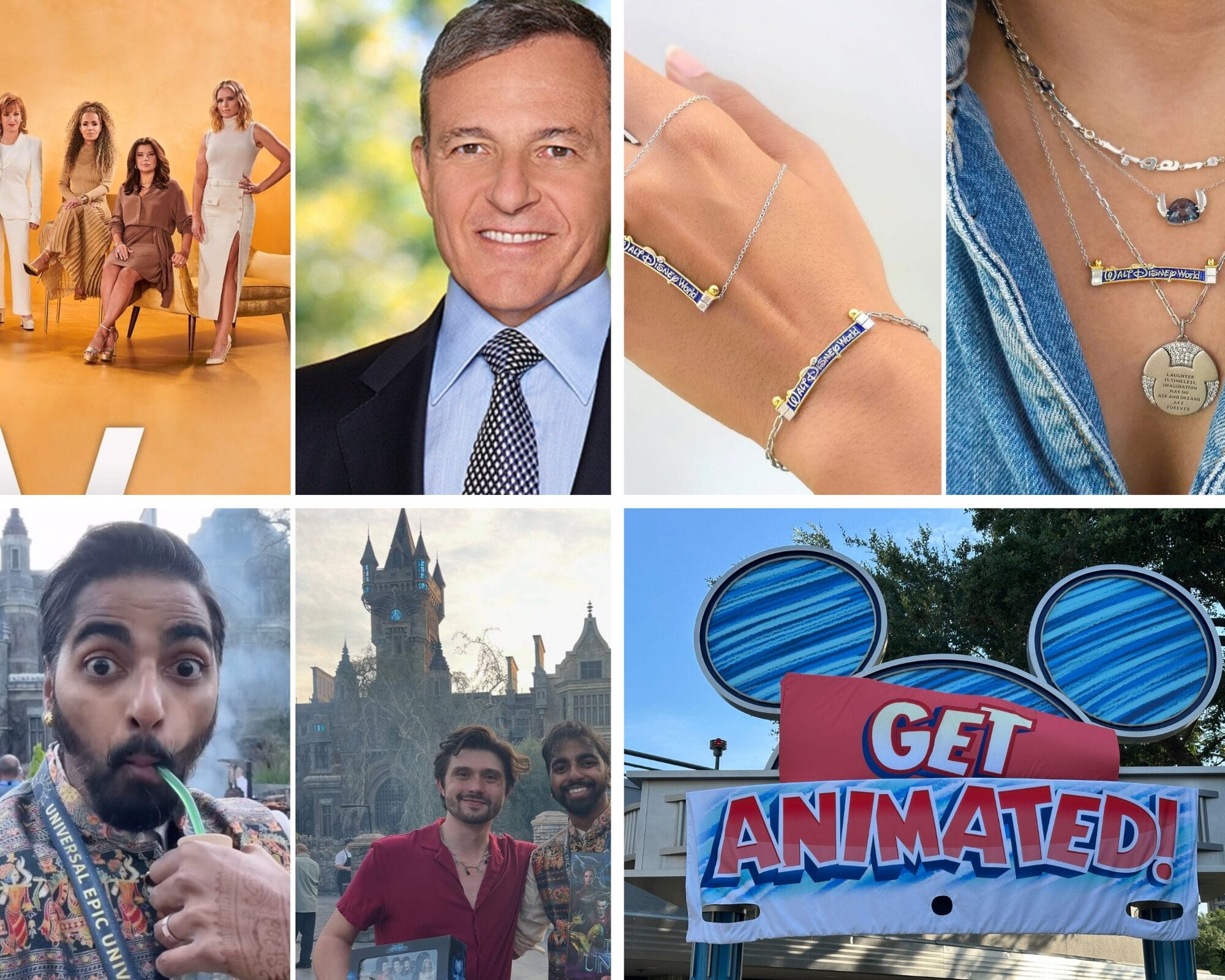 A collage featuring The View TV cast, a man in a suit, jewelry, tourists, a castle, and a "Get Animated!" Disney sign.
