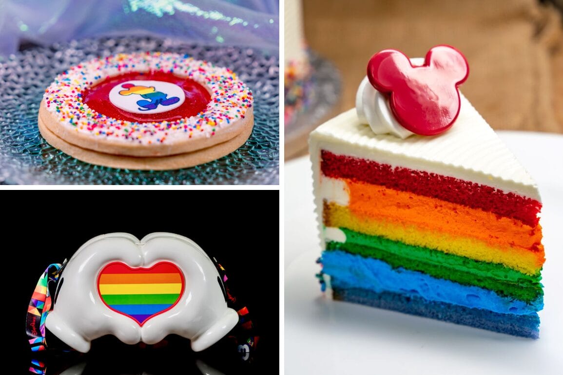 A rainbow cookie, cake slice, and heart-shaped treat with a Disney touch—perfect for Pride Month at Disneyland Resort.