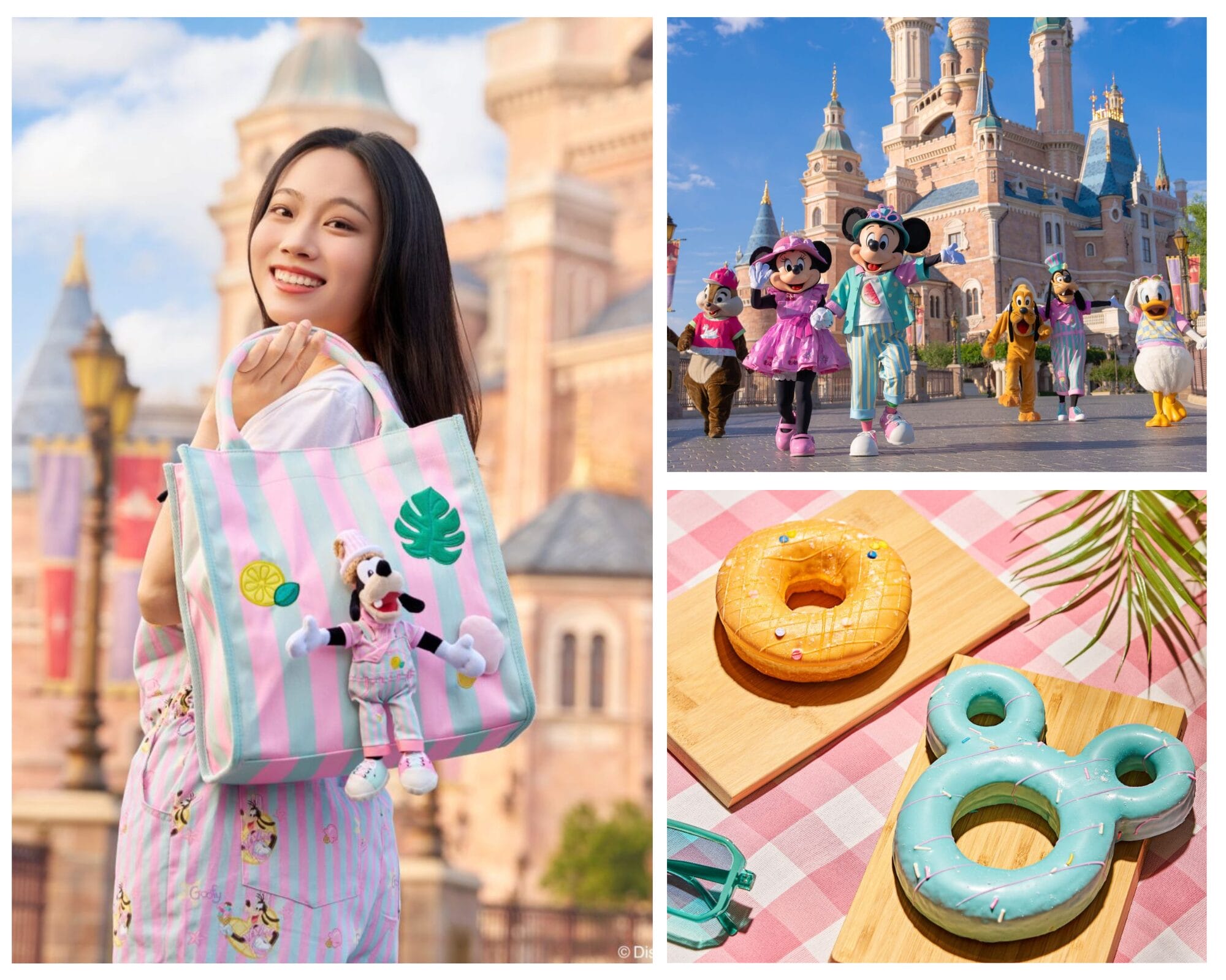 A woman smiles near a castle at Shanghai Disney Resort, where Disney characters and 9th Anniversary donuts are on display.