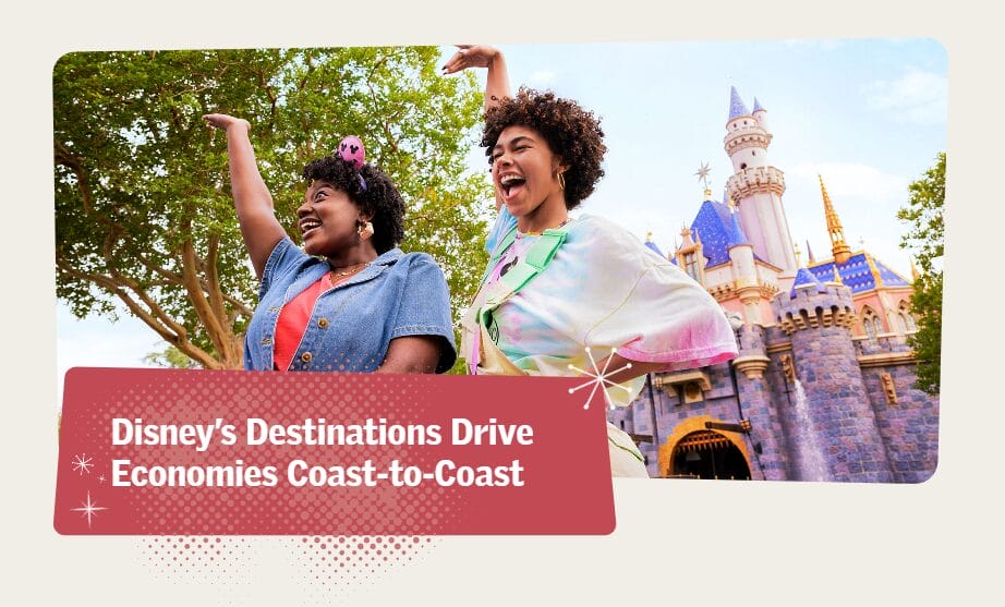 Two joyful women pose at Walt Disney World, celebrating Disney’s economic impact on economies coast-to-coast.