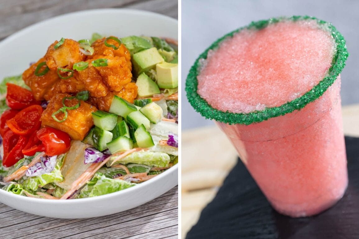 A bowl of salad with fried chicken, avocado, tomatoes, and a Disney-inspired pink slush drink with a green sugar rim.