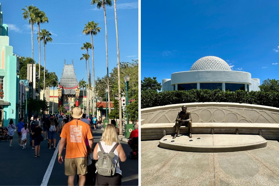 Left: People stroll a palm-lined street at Hollywood Studios. Right: A statue stands before a white EPCOT dome in the sun.