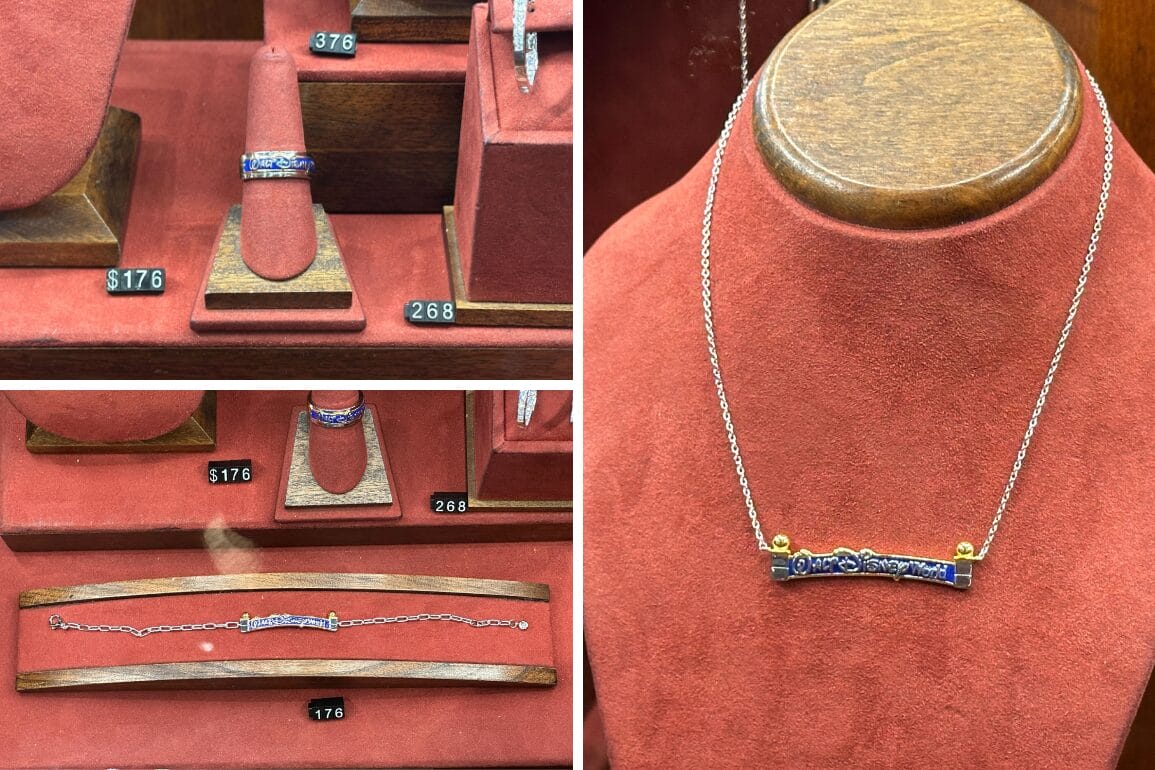 Marquee Jewelry display cases showcase a necklace, ring, and bracelet on red velvet—just like at Magic Kingdom.