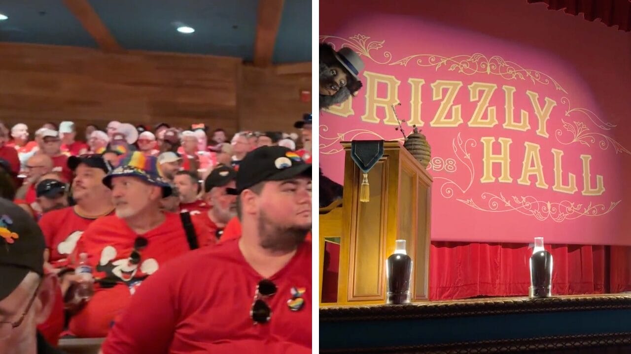 A crowd in red at Gay Days sits in a theater; the Magic Kingdom’s Grizzly Hall stage is visible on the right.