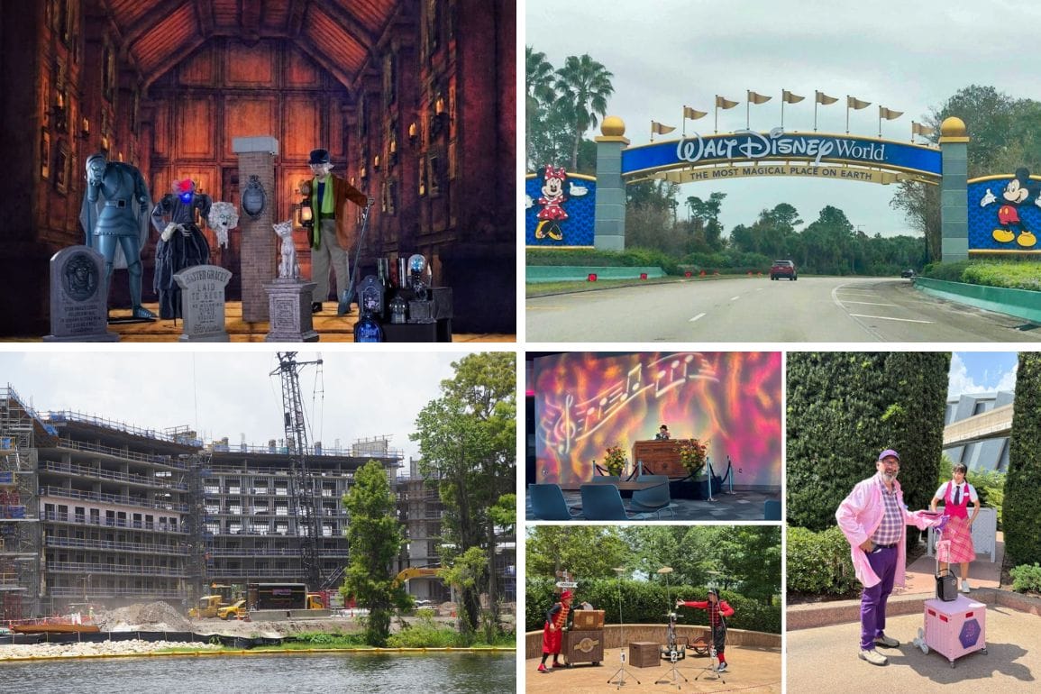 Collage of Disney World: entrance sign, 2025 Haunted Mansion Halloween Decorations, construction site, performer, musicians.