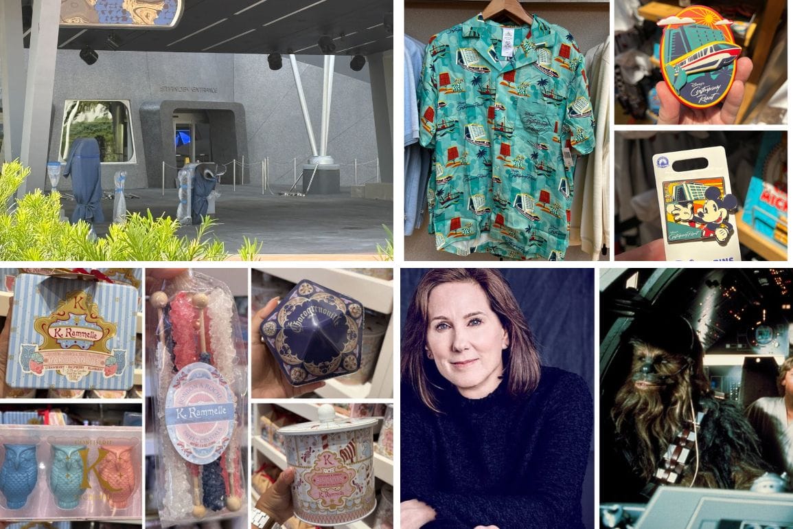 Collage of Star Wars-themed merchandise, food, Chewbacca, a woman, and Test Track EPCOT’s Galactic Starcruiser entrance.