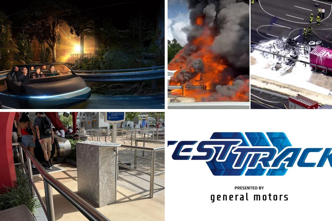 Four images: Test Track at night, a tank fire, an empty queue, and the Test Track logo by General Motors.