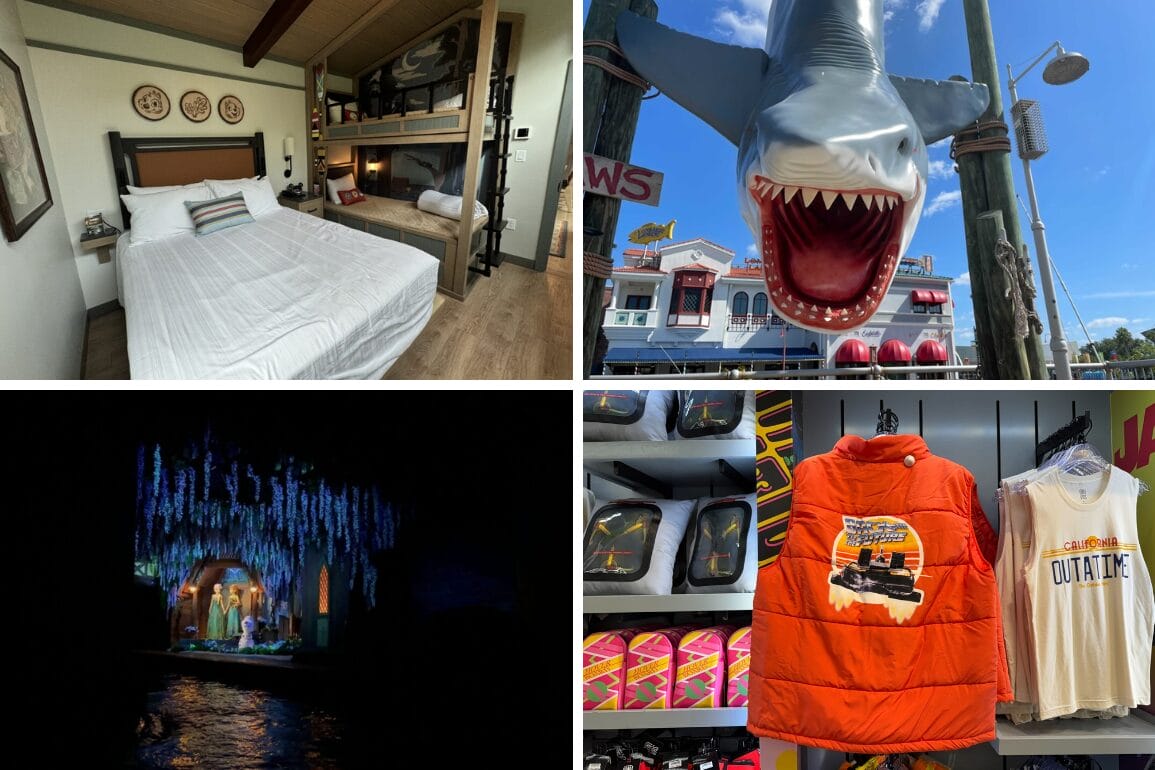 A daily recap collage featuring a cozy bedroom, shark statue, dark ride scene, and Back to the Future merch.