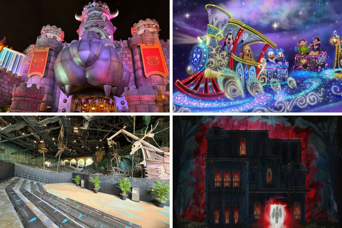 A collage of four theme park attractions, featuring Disney Starlight and a colorful parade float with Parade Times.