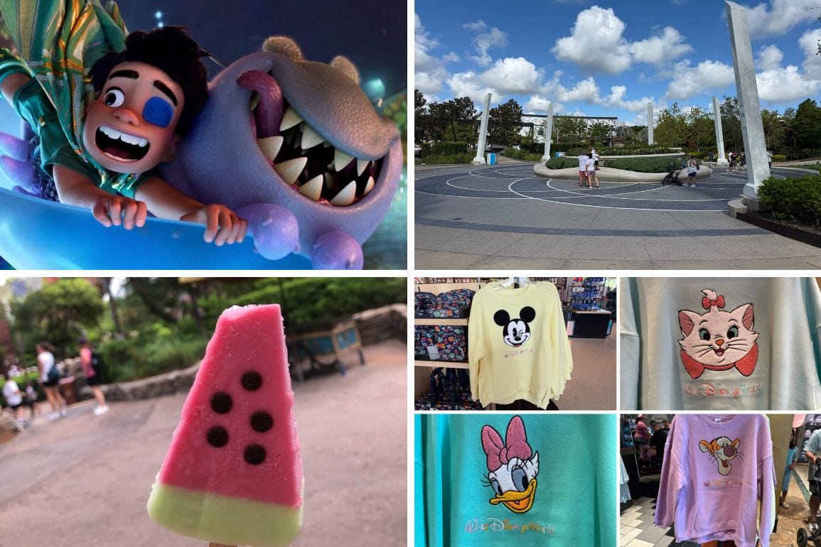 A collage with a cartoon, park scene, Disney-Pixar’s Elio, watermelon popsicle, and Minnie sweatshirts.