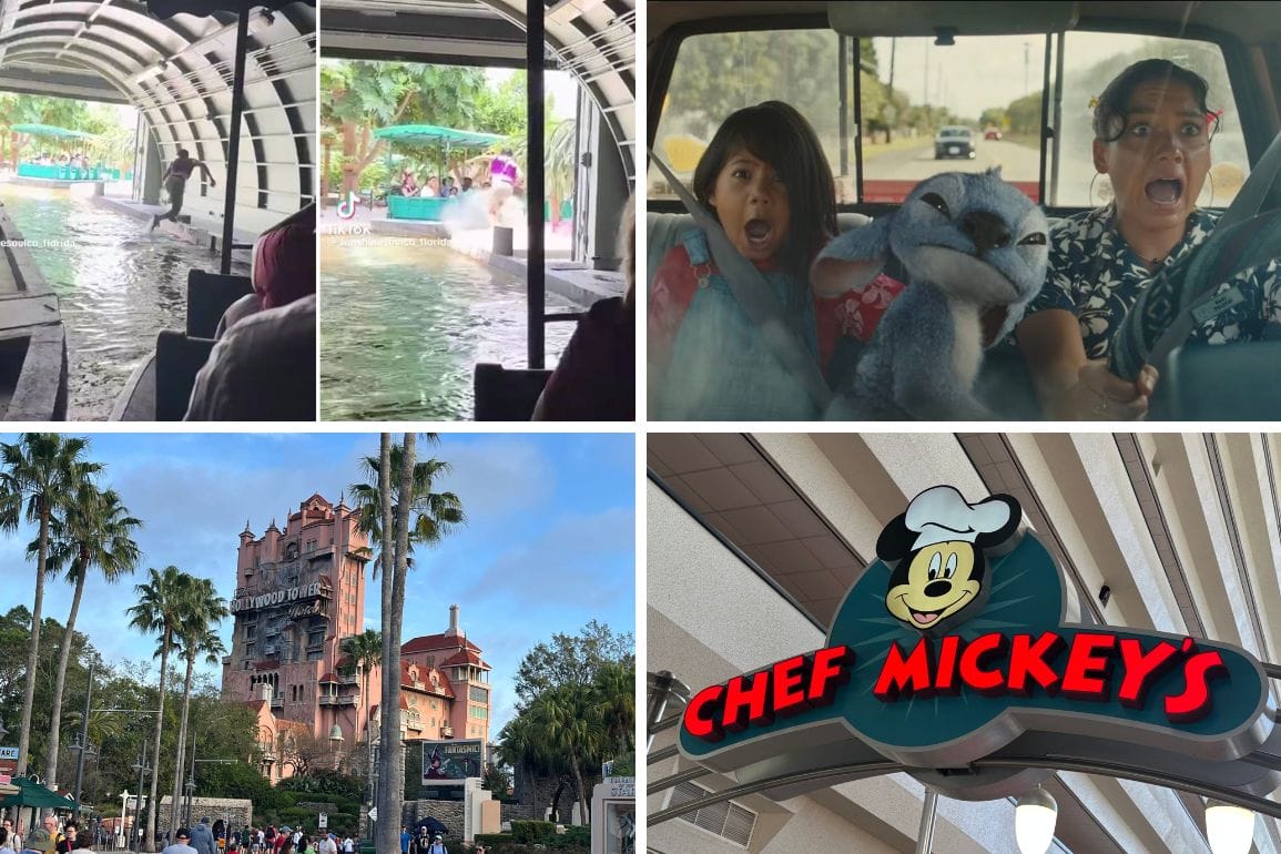 A collage of Disney World attractions with Living With the Land, Tower of Terror, and Chef Mickey’s restaurant sign.