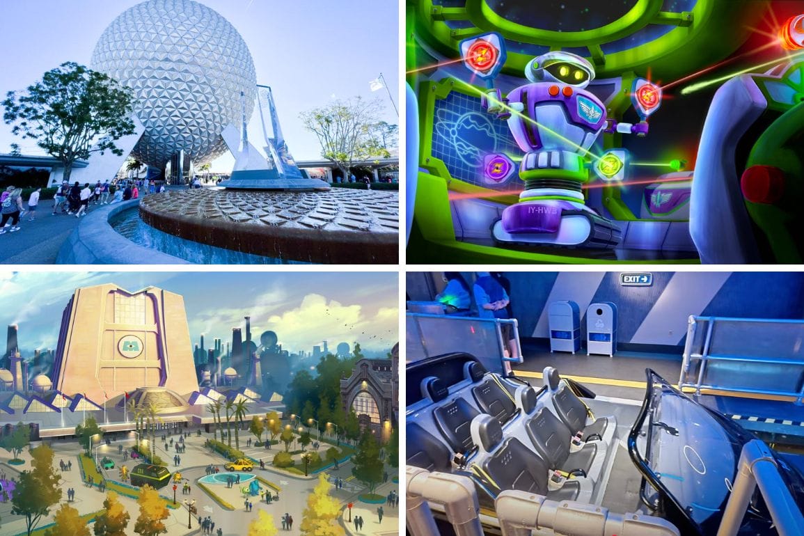 Collage of Spaceship Earth, Buzz Lightyear ride, futuristic building, and rollercoaster seats highlights daily recap.