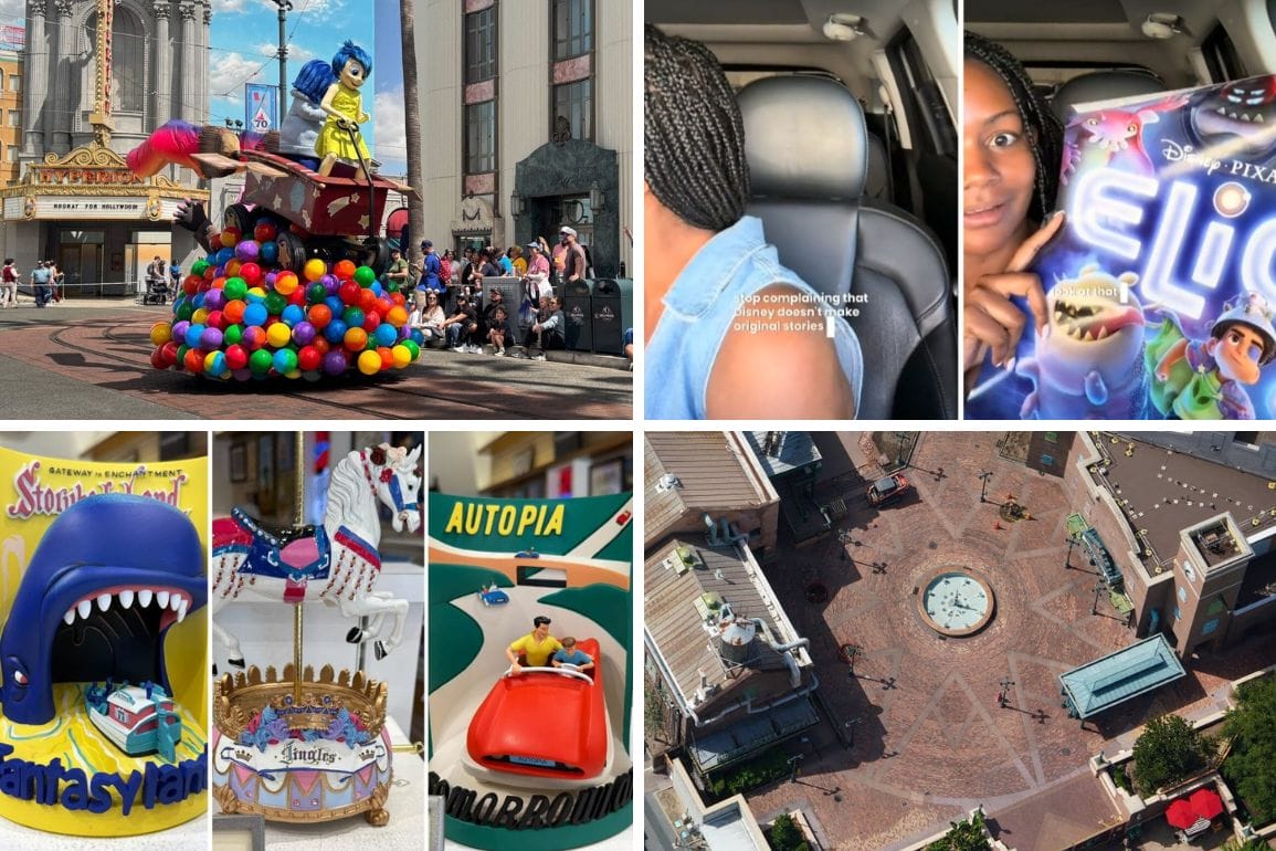 A collage of Disneyland scenes, Better Together Parade floats, cakes, a ticket, and an aerial plaza view.
