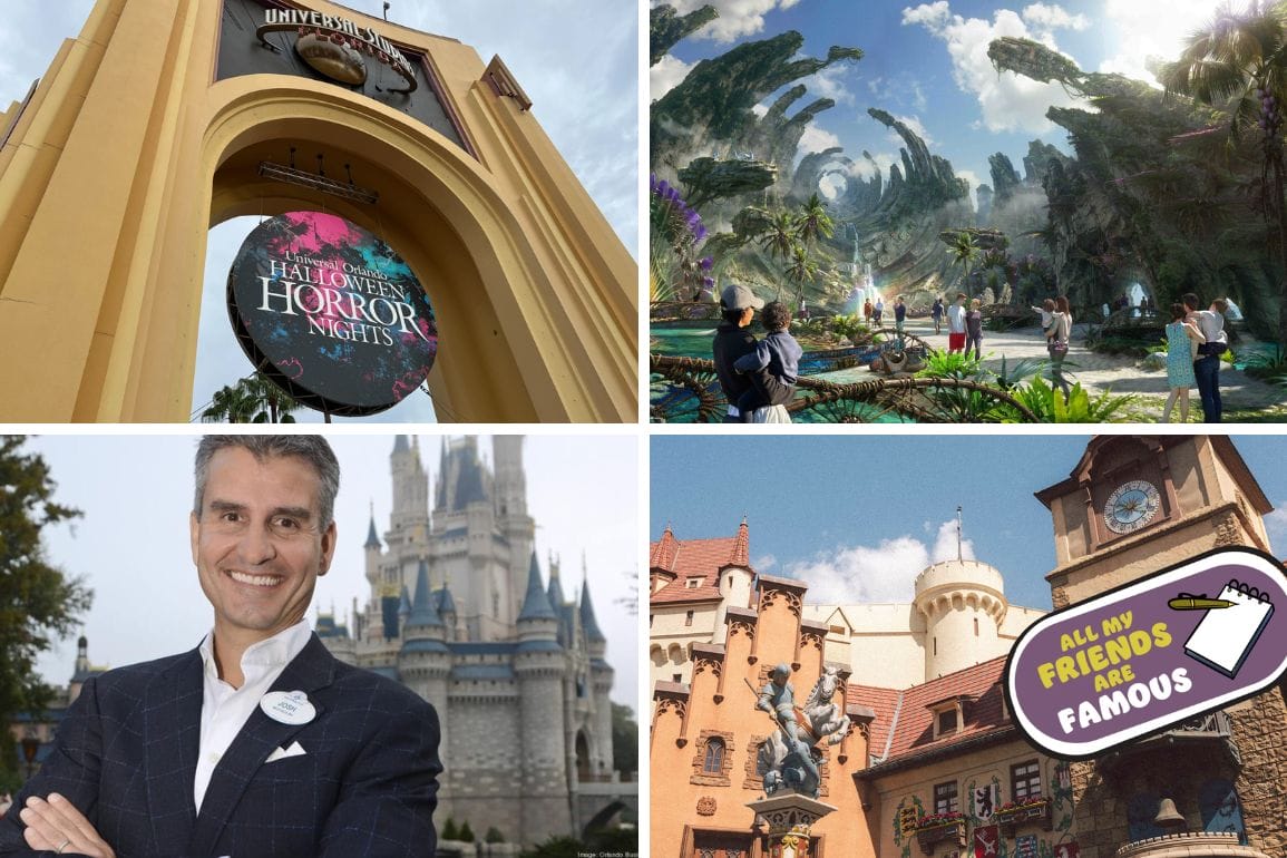 A collage of theme park images, from Disney World to Universal’s Halloween Horror Nights, with an employee by a castle.