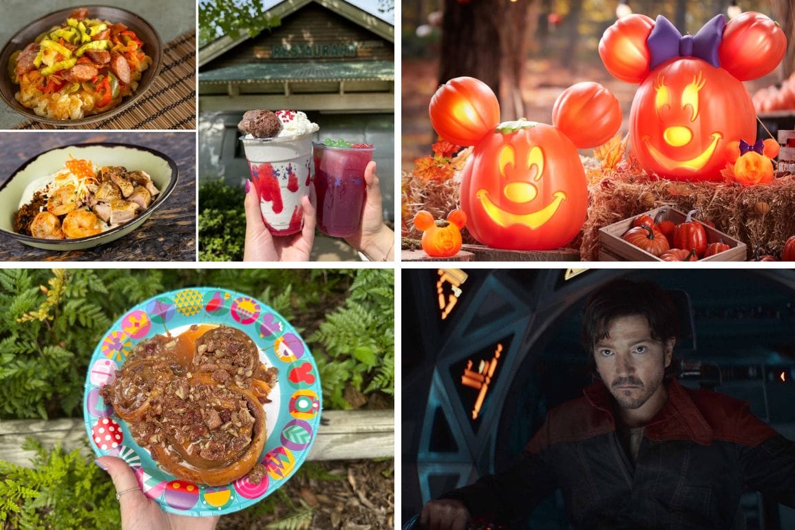 Collage of Disney-themed foods, Halloween Mickey pumpkins, a restaurant, desserts, and Andor Season 2 spaceship scenes.