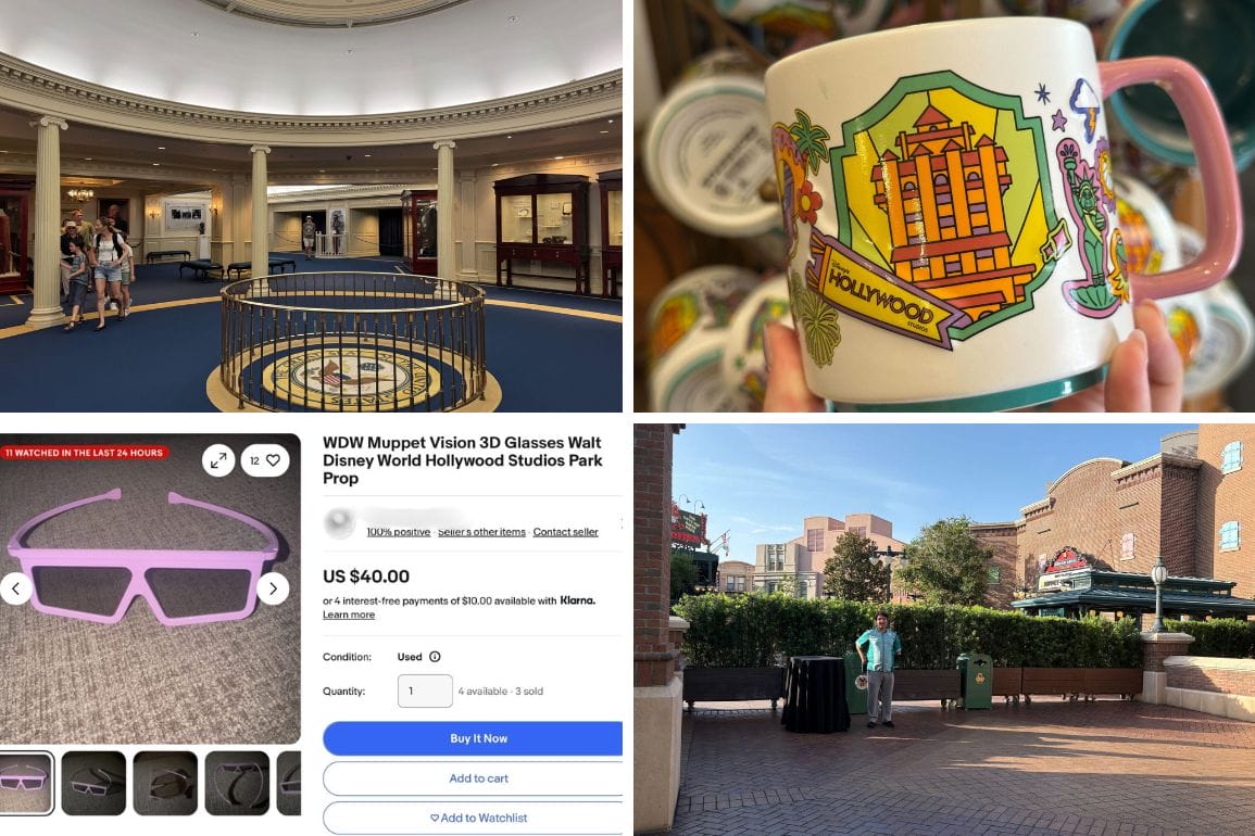 A collage shows Magic Kingdom interiors, a Hollywood mug, purple 3D glasses, and an outdoor Disney park scene.