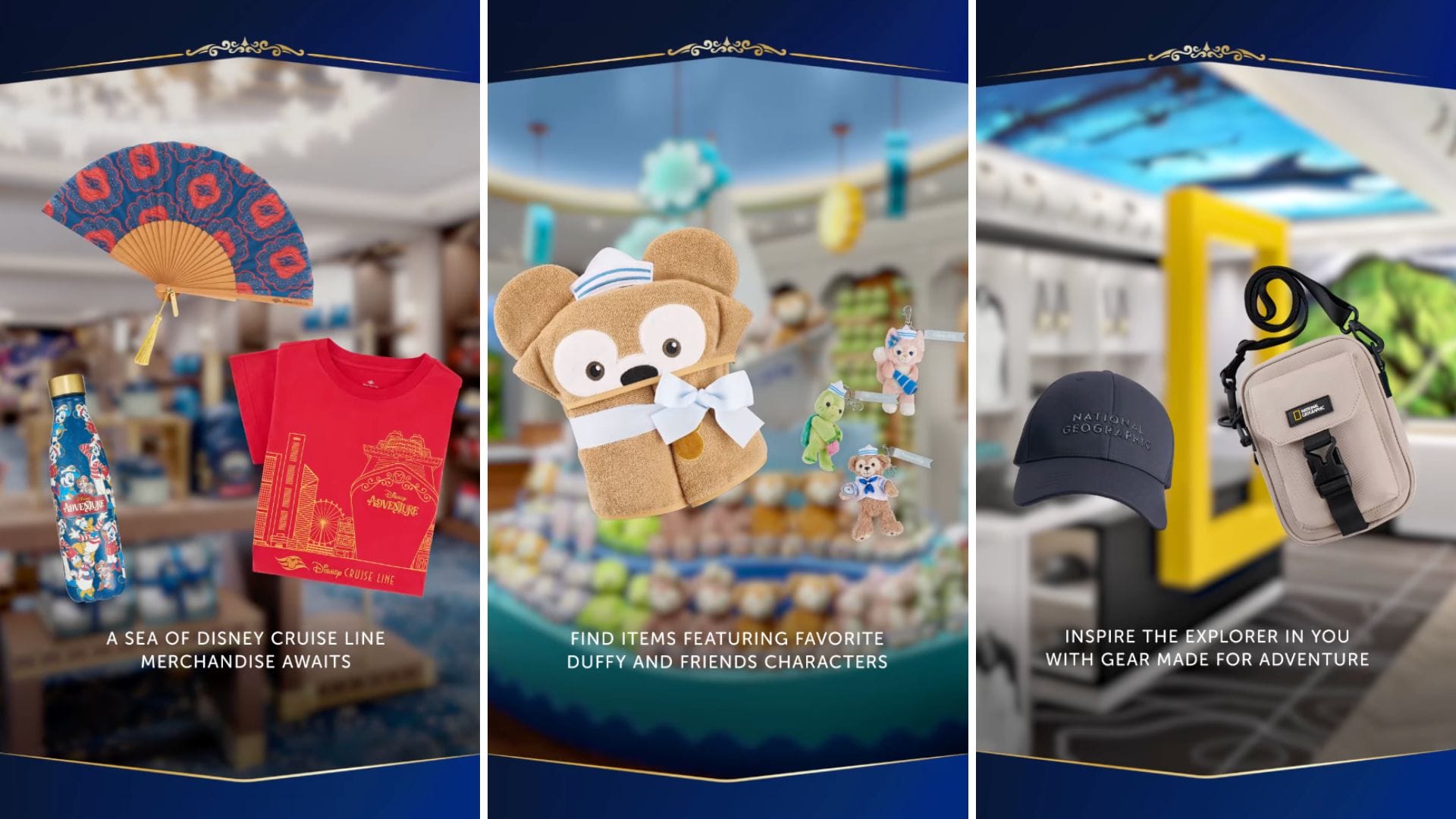 Three panels show Disney Adventure apparel, Duffy plush items, and National Geographic merchandise with text overlays.