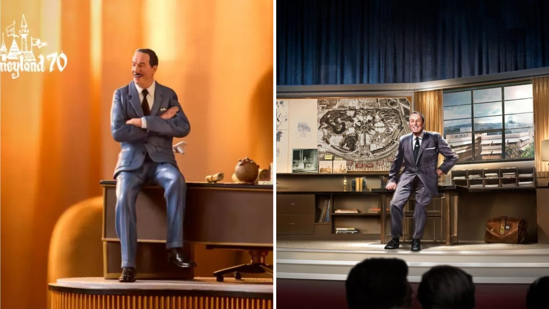 A man in a suit, both animated and realistic, sits on a desk with office and Disney Store backgrounds behind each.